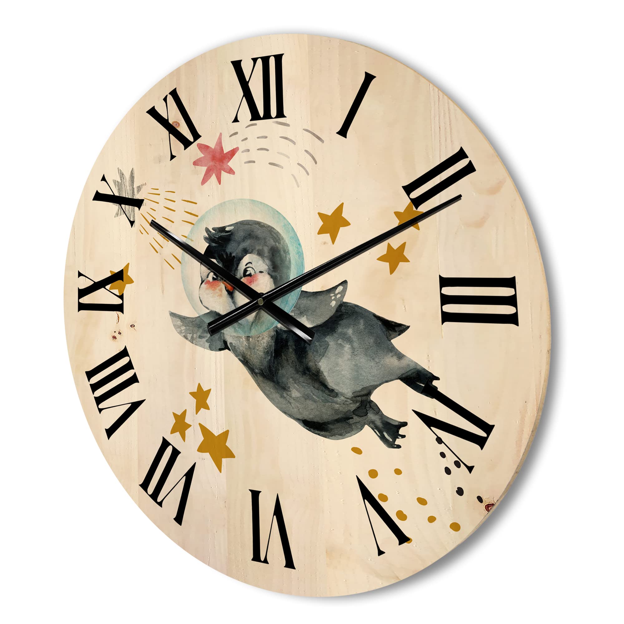 DesignQ 'Little Penguin Flying Planets and Stars' Large Farmhouse Wood Wall Clock - Oversized Decorative Animal Wall Clock for Living Room, Bedroom & Office Décor - Perfect for Home, Office and Gift Giving
