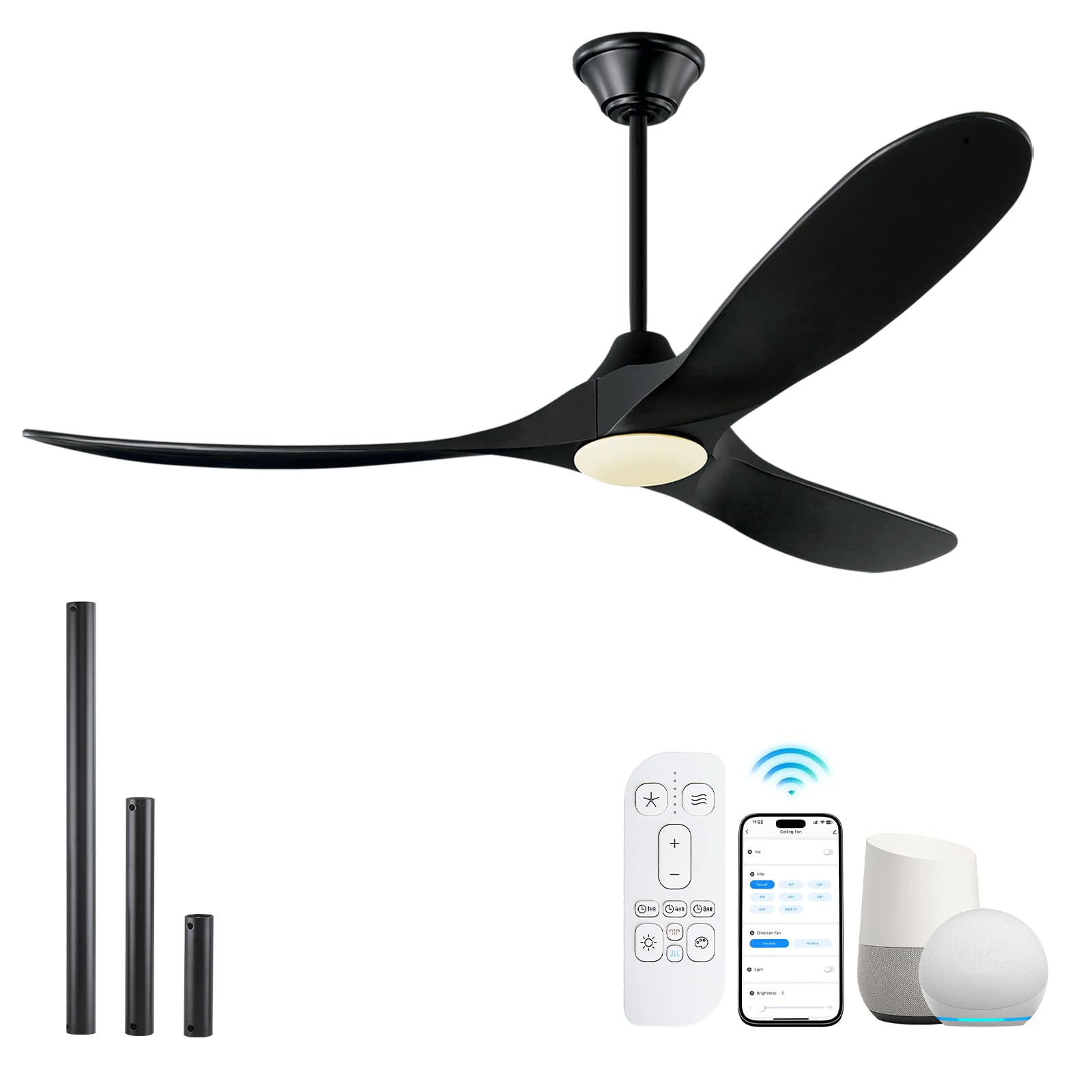 60 Inch Black Ceiling Fan with LED Lights - Damp Rated Outdoor Ceiling Fan for Patio, Porch & Commercial Spaces - High Airflow Smart Modern Wooden Blades - Perfect for Indoor & Exterior Home Cooling