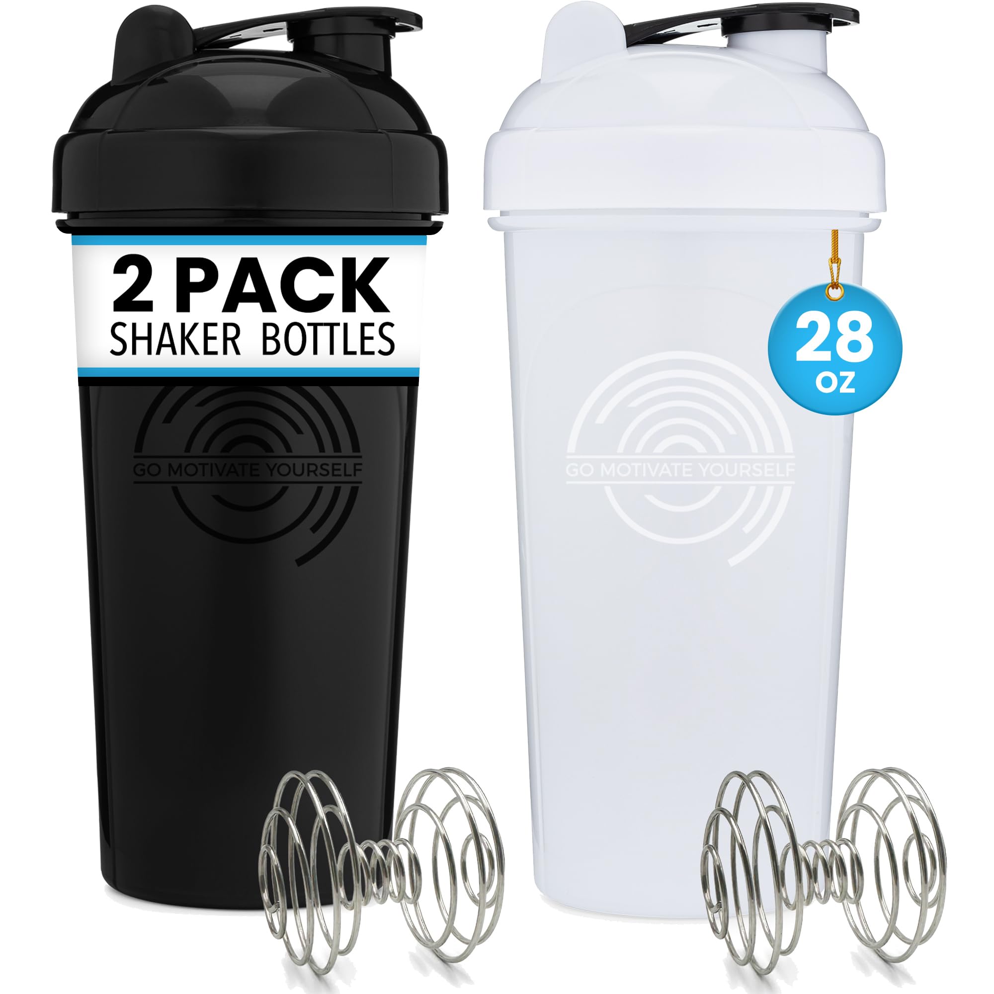GOMOYO 28-Ounce Protein Shaker Bottle 2-Pack (White & Black) | BPA Free, Dishwasher Safe with Mixing Ball | Perfect for Gym, Workout & Post-Exercise Recovery