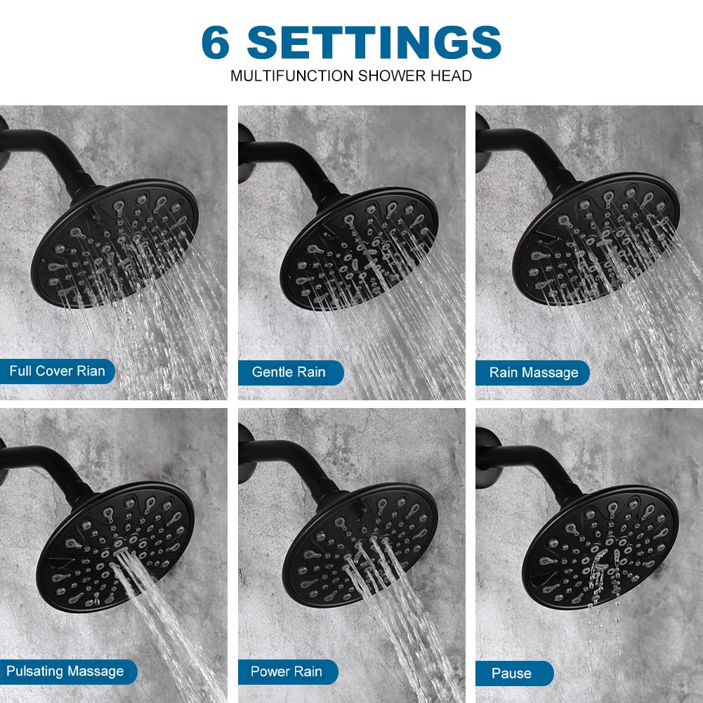 Premium Matte Black Shower Faucet Set - 6 Inch Rainfall Shower Head System with Single Handle Wall Mounted Trim Kit & Rough-in Valve | Modern Bathroom Fixtures for Luxurious Spa-like Experience