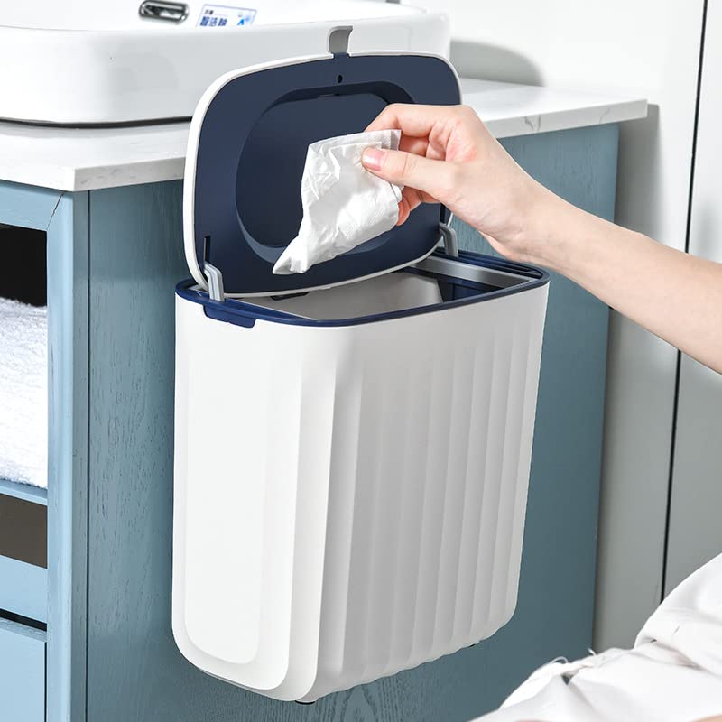 TOMYEUS Ultra-Narrow Wall Mounted Bathroom Trash Can with Slide Lid - Space Saving Toilet Paper Storage Bin, Household Waste Basket for Small Spaces (Blue) - Perfect for Tight Bathroom Corners, RV Toilets & Apartment Living