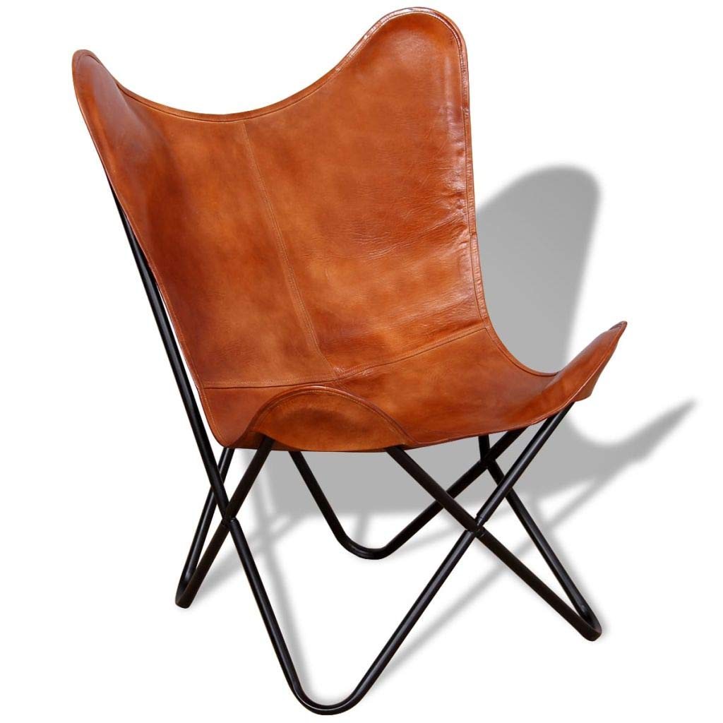 Butterfly Chair - Brown Real Leather Upholstered Iron Frame Lounge Chair for Living Room, Bedroom & Office | Modern Comfortable Seating Furniture for Relaxing, Reading & Working