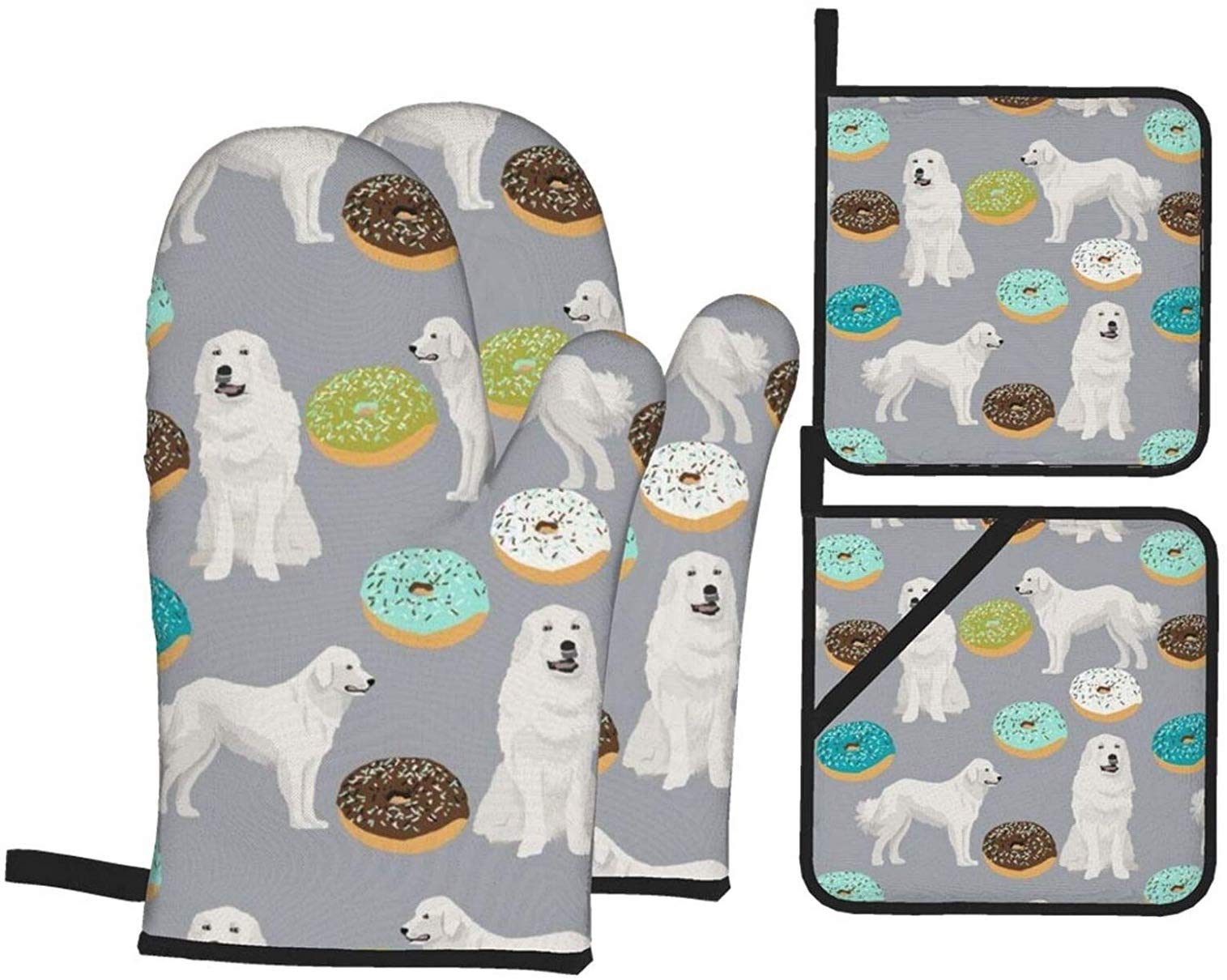 Great Pyrenees Dog Themed 4-Piece Oven Mitts & Pot Holders Set - Heat Resistant Kitchen Gloves with Non-Slip Grip for BBQ, Baking & Cooking - Perfect for Dog Lovers & Home Chefs