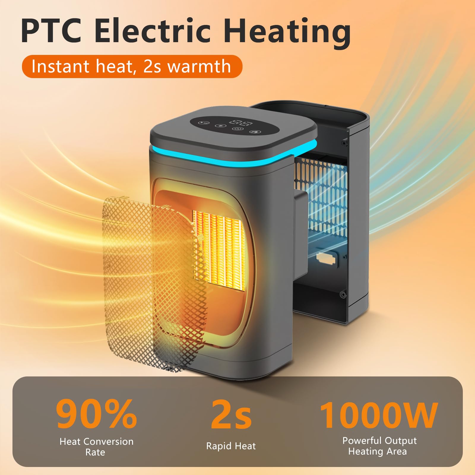 Freeice 1000W Portable PTC Space Heater with Remote Control - Fast Heating Electric Heater with Timer, Digital Display & Overheat Protection - Energy Efficient Indoor Heater for Bedroom, Home Office & Small Spaces - Warm & Cozy Winter Heating Solution