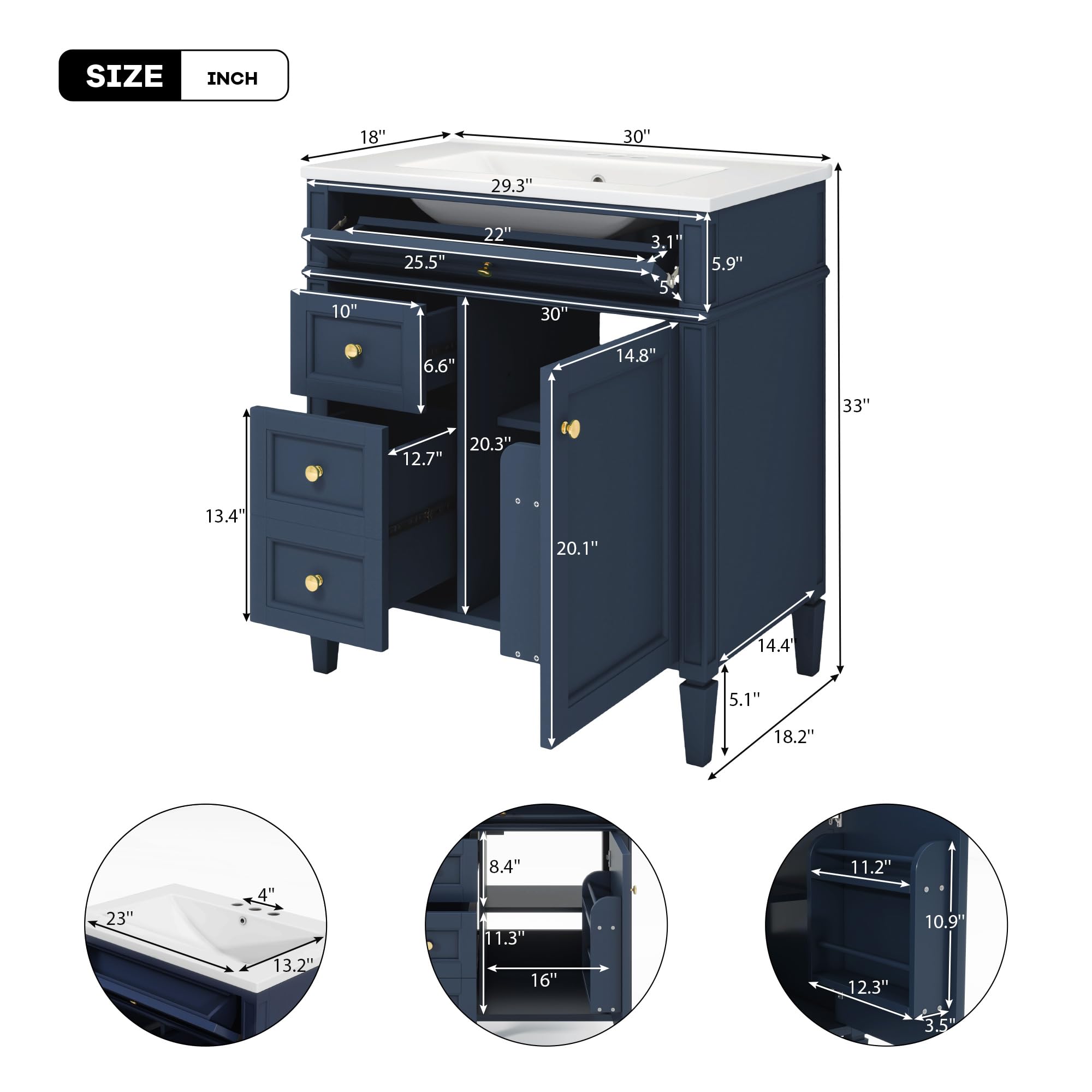 Polibi 30 Inch Modern Bathroom Vanity with Top Sink - Single Sink Vanity Cabinet with 2 Drawers, Tip-Out Drawer & Door Organizer - Blue Bathroom Storage for Small Spaces & Apartment Bathrooms