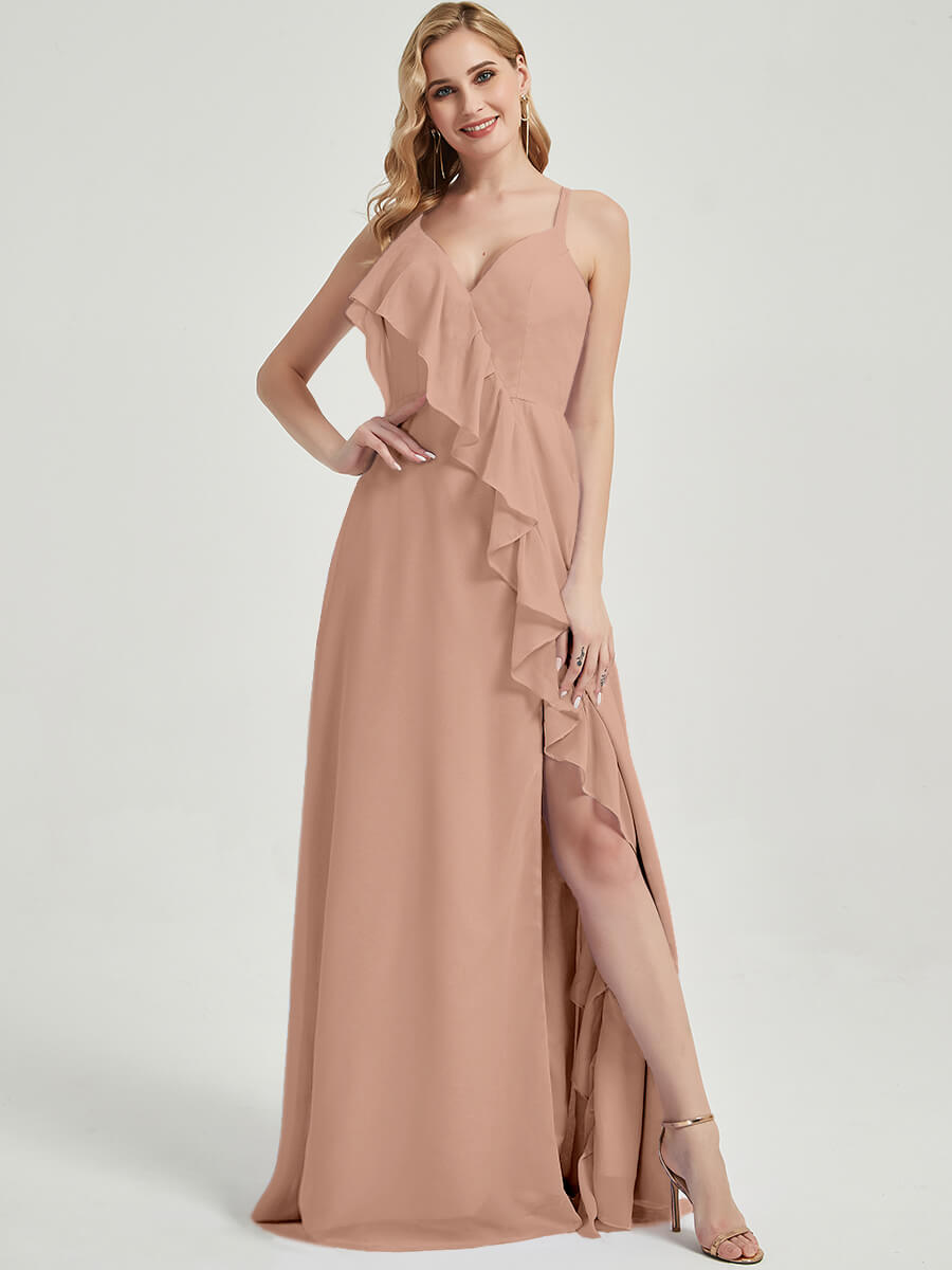 Elegant Criss Cross Straps Ruffles Slit Chiffon Bridesmaid Dress in English Rose - Perfect for Weddings, Formal Events & Special Occasions