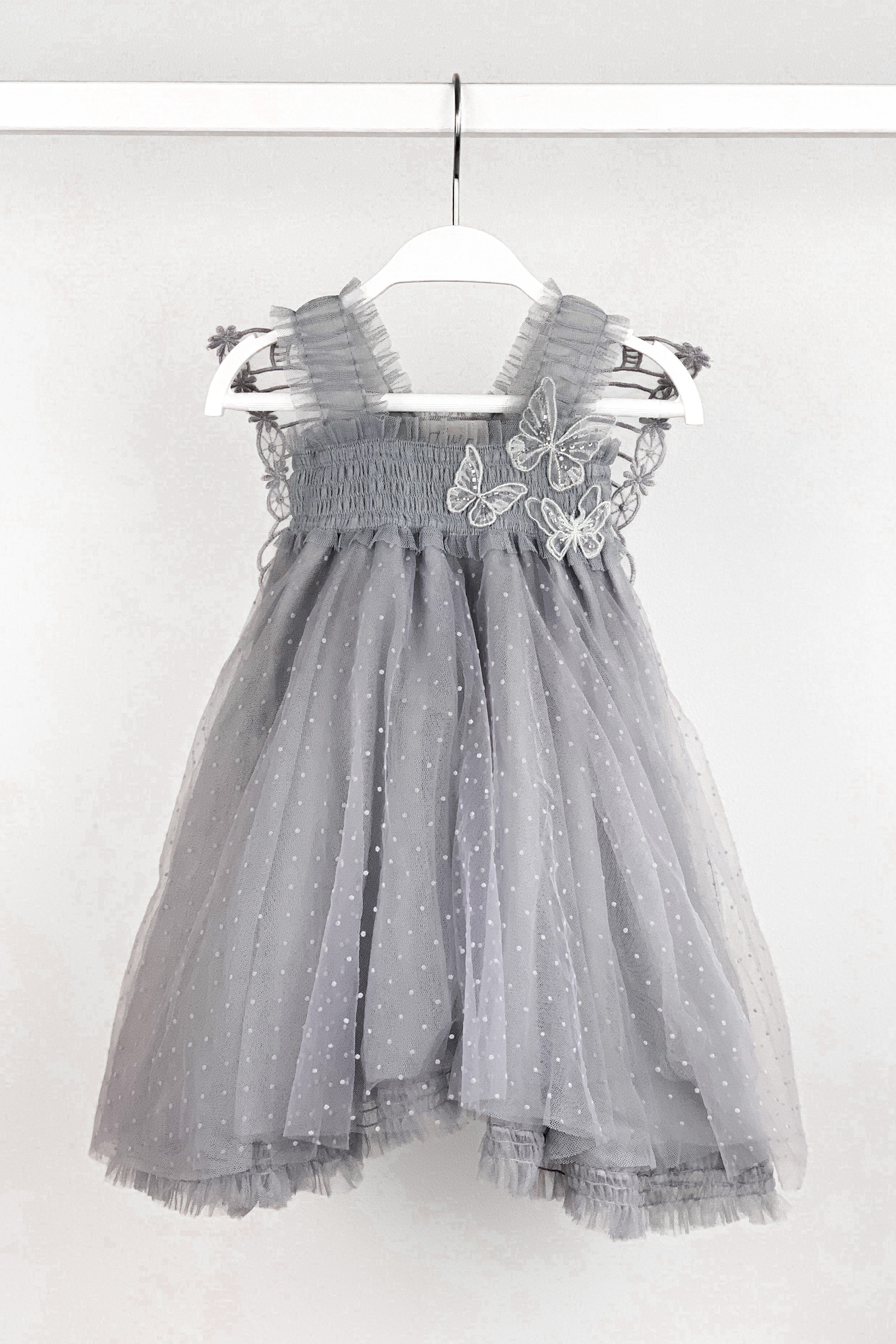 Stormi Grey Plumeti Dot Fairy Wing Dress for Girls – Elegant Party, Photo Shoot & Special Occasion Outfit
