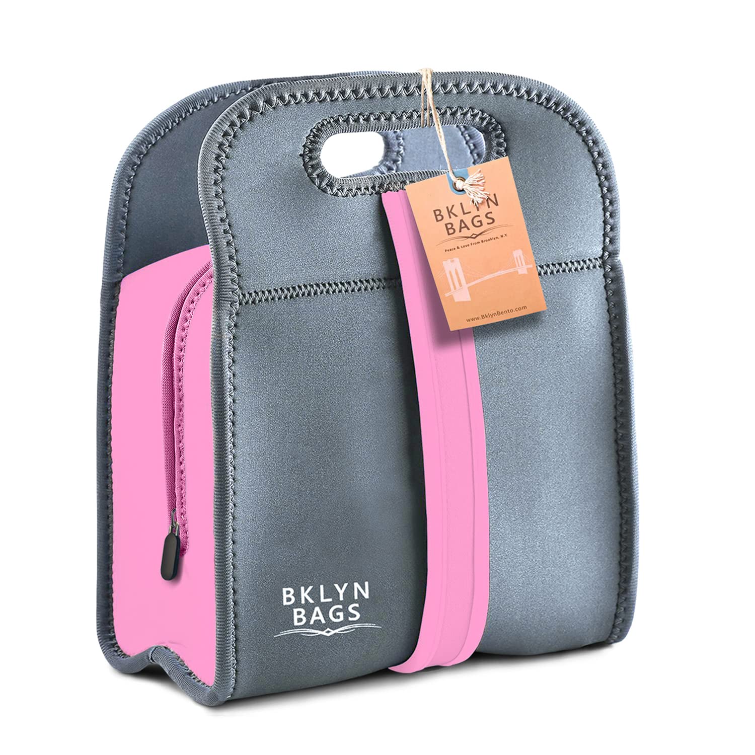 BKLYN Bento Neoprene Lunch Bag for Work & School - Insulated Reusable Meal Container with Comfortable Handle & Shoulder Strap - Easy to Clean Eco-Friendly Food Carrier (Pink/Grey, Unisex) - Perfect for Office, Picnics & Travel