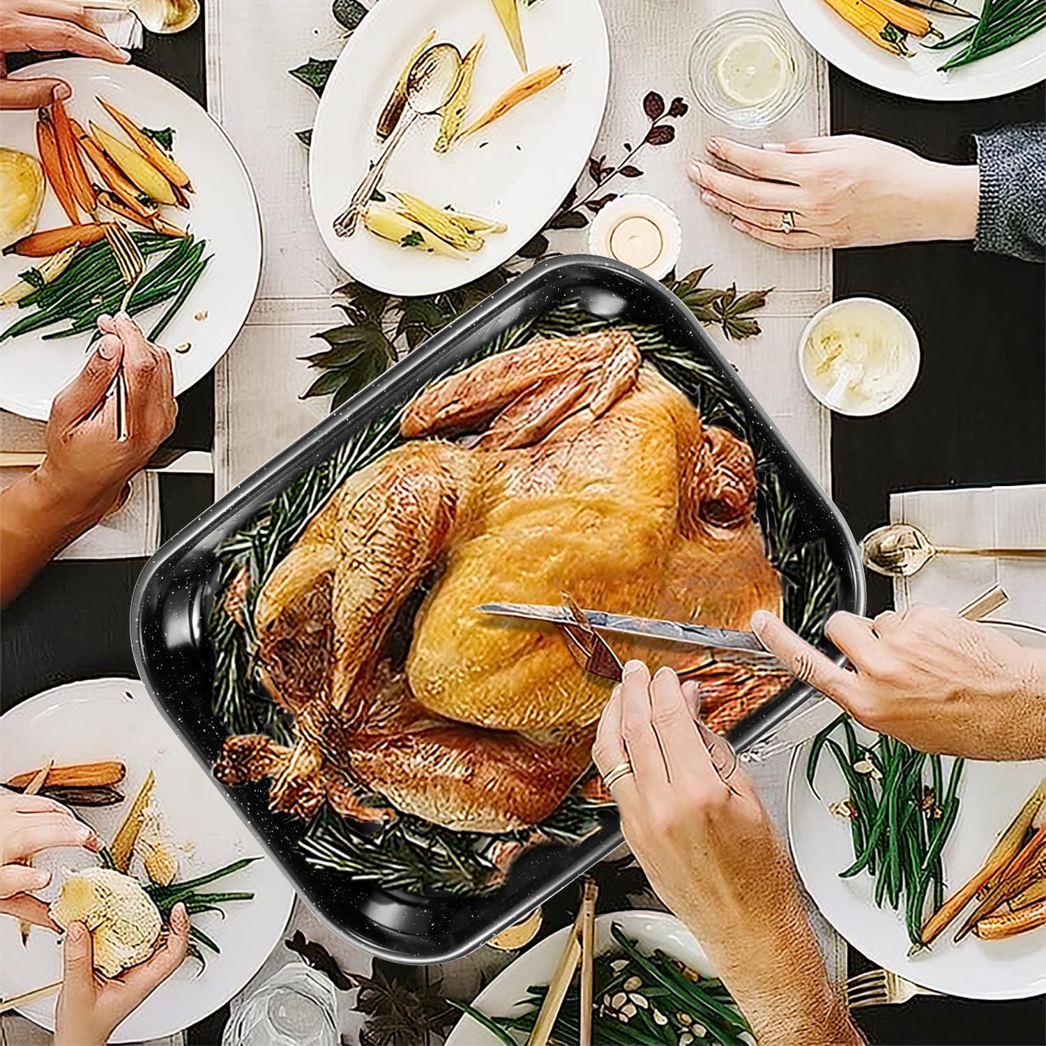 JY COOKMENT 16 x 11 Inch Large Roasting Pan with Rack - Heavy Duty Turkey Roaster Pot for Oven Baking (Up to 20lbs) - Perfect for Thanksgiving, Christmas, and Holiday Family Dinners