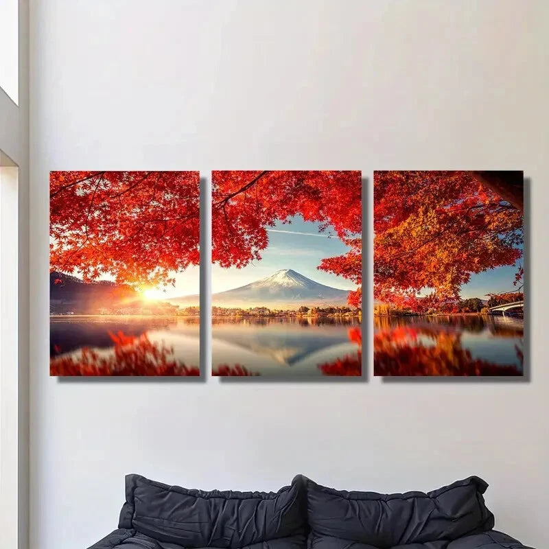 3-Piece Autumn Mount Fuji Landscape Metal Wall Art Prints - Ready to Hang Home Decor for Living Room, Bedroom & Office