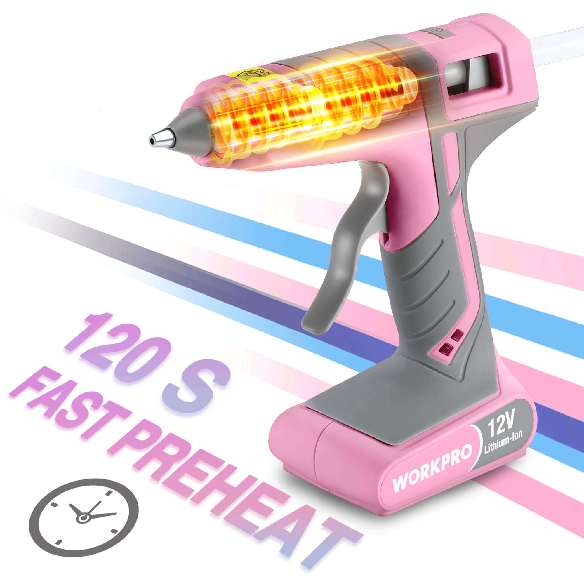 WORKPRO 12V Rechargeable Cordless Hot Melt Glue Gun Kit - Fast Heating with 15 Full Size Glue Sticks, Auto Power-off for DIY, Arts & Crafts, Home Repairs, School Projects - Pink Ribbon Design
