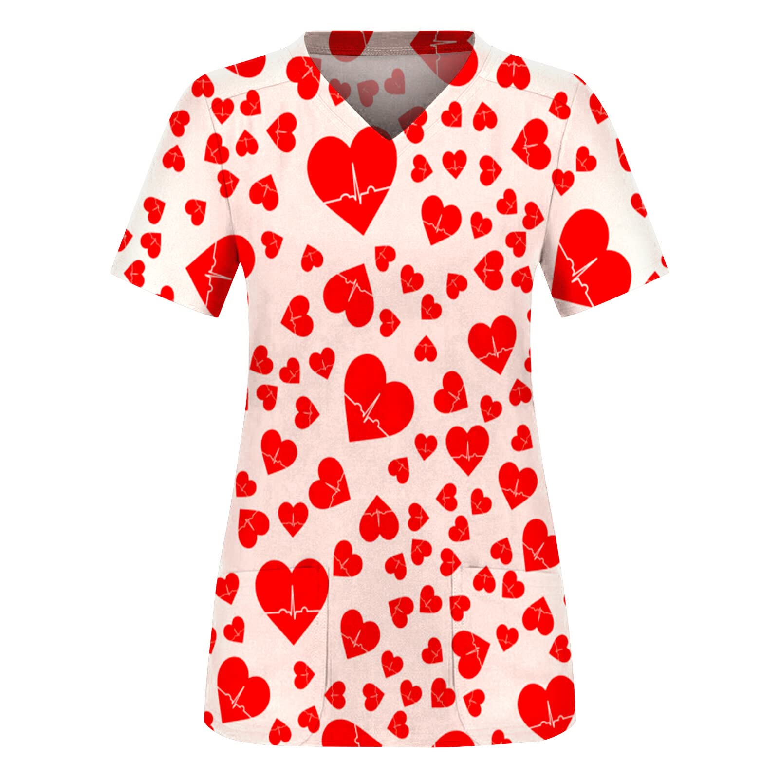 Valentine's Day Love Print Short Sleeve Scrub Tops for Women - Comfortable Nursing Uniform & Casual Workwear for Caregivers, Valentine's Gifts, Hospital & Home Healthcare Use