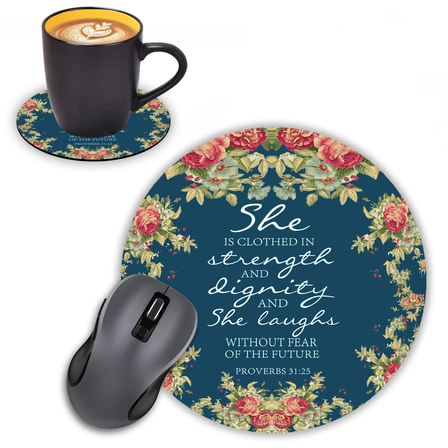 Floral Christian Bible Verse Mouse Pad Set - Non-Slip Round Gaming Mousepad with Coasters Featuring Proverbs 31:25 Design for Computer & Laptop - Perfect for Home Office, Gaming Setup, and Bible Study Workspace