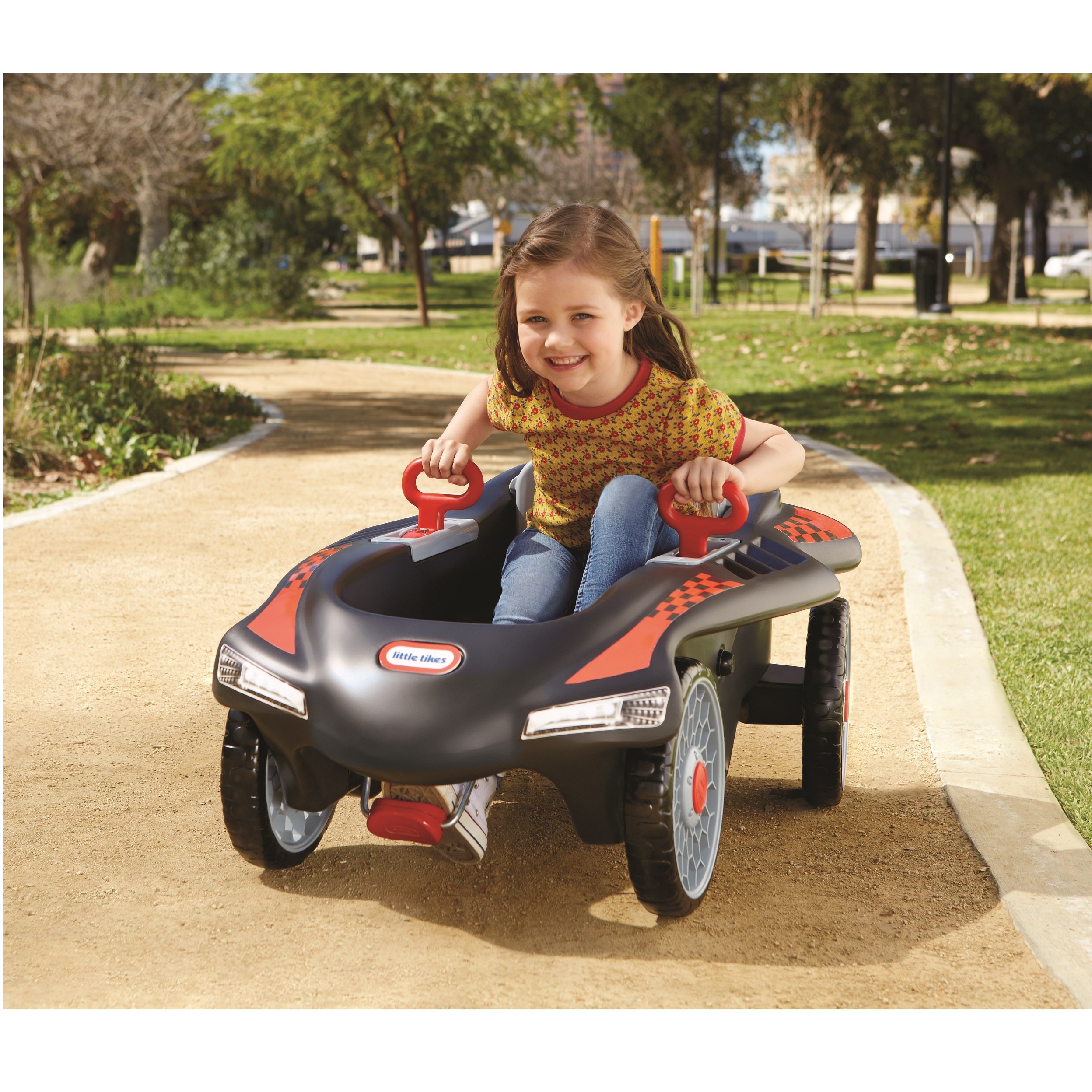 Little Tikes Jett Car Racer Black - Adjustable Seat Ride On Toy with Steering Wheel for Kids 3-10 Years | Dual Handle Rear Wheel Control, Fun Push Car for Boys & Girls | Perfect Birthday Gift & Outdoor Play Toy for Toddlers