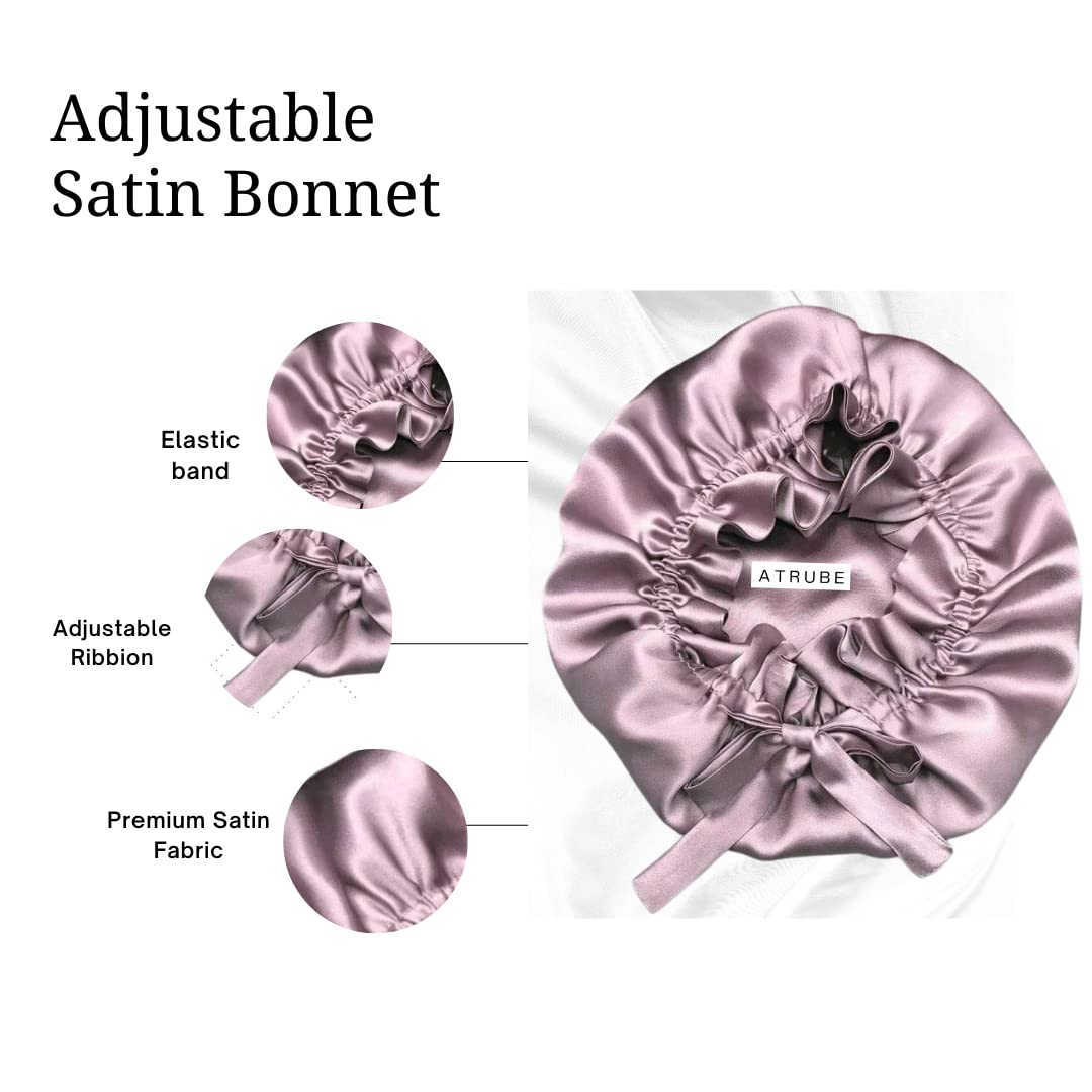 Atrube Women's Reversible Silk Satin Hair Bonnet - Adjustable Tie Band Head Wrap for Sleeping & Hair Protection (Purple) - Perfect for Nighttime Hair Care & Travel Accessories