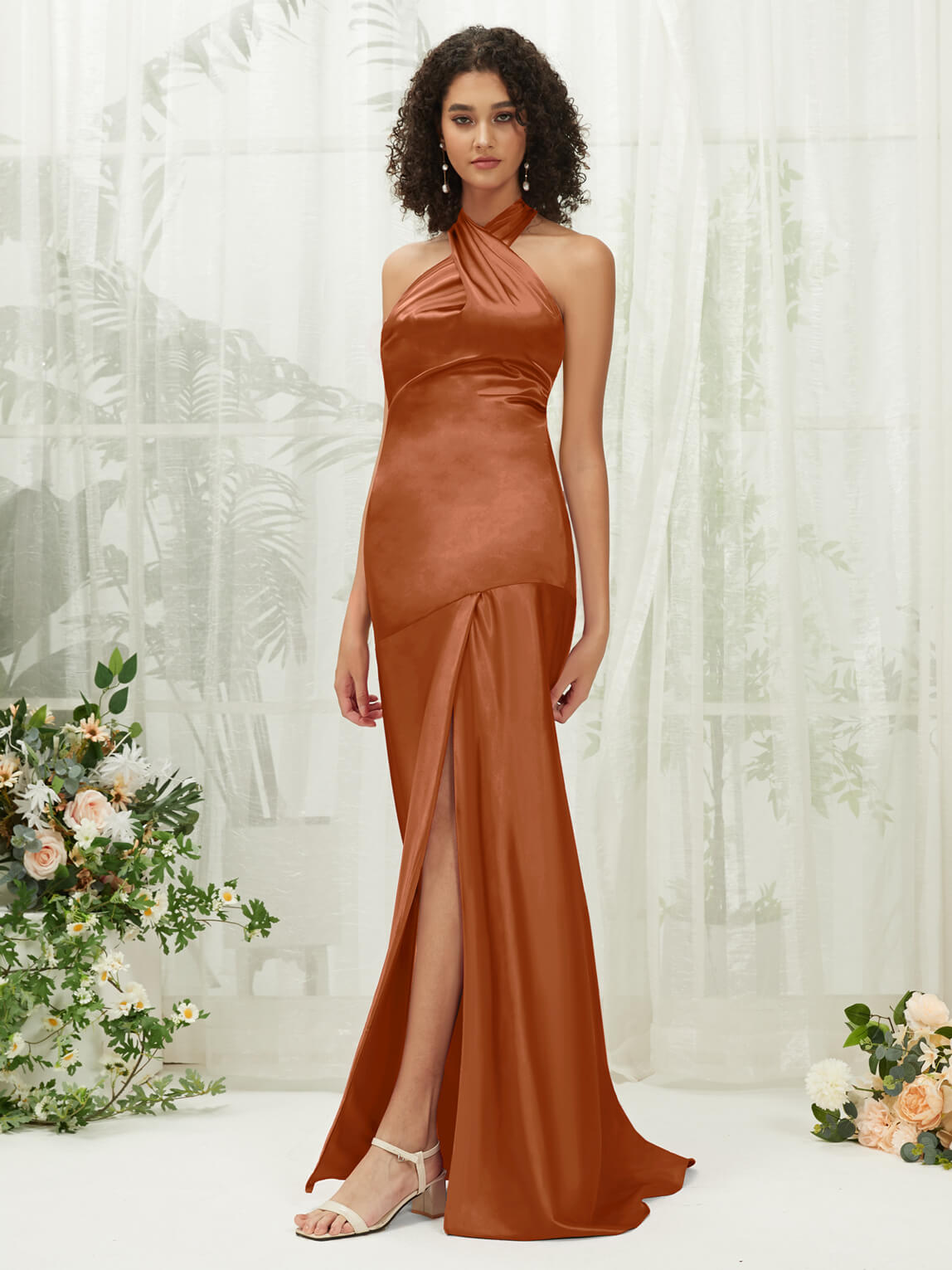 Elegant Cooper Satin Halter Neck Sleeveless Maxi Bridesmaid Dress with High Slit - Perfect for Weddings, Formal Events & Evening Parties