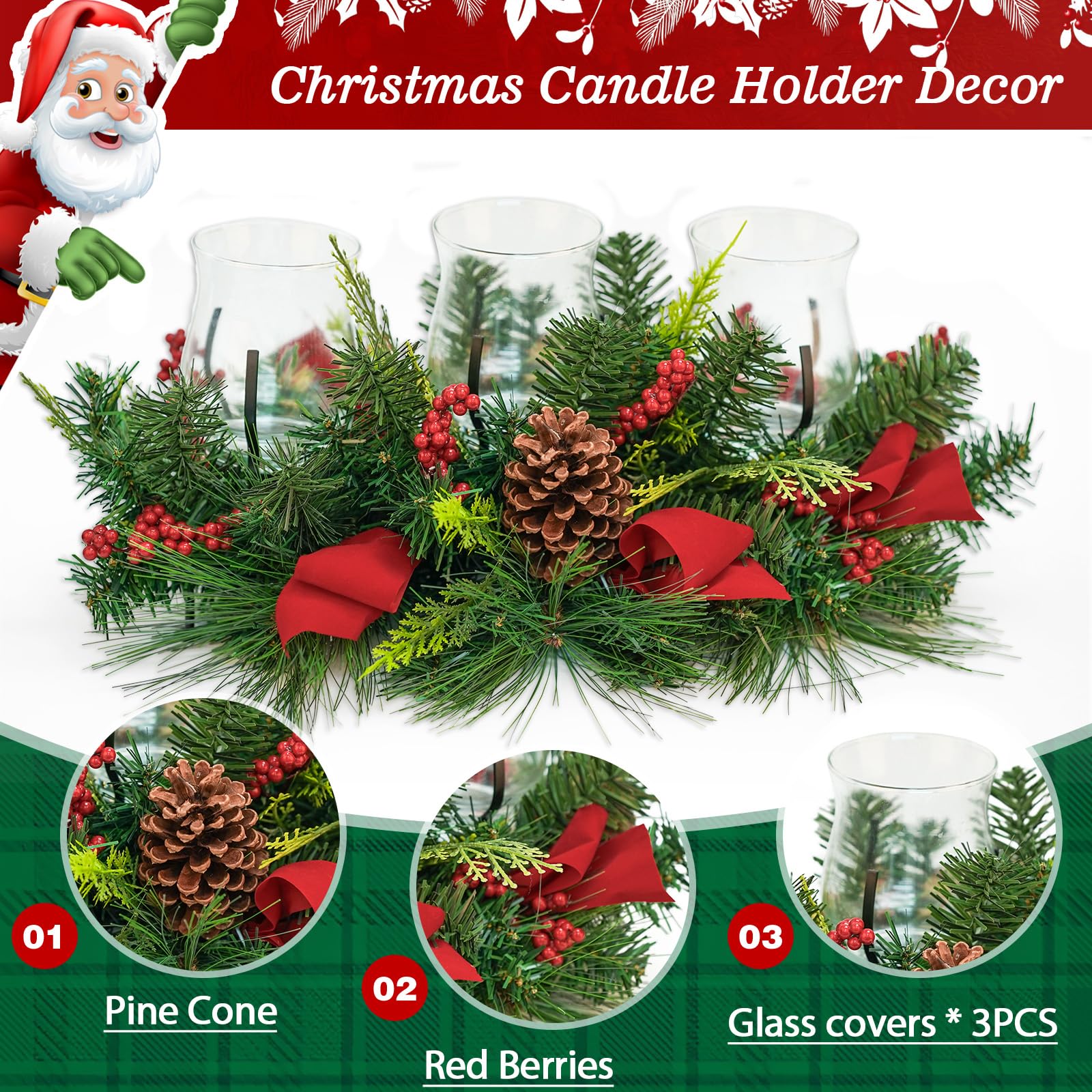 Christmas Candle Holder Set of 3 - Rustic Iron Evergreen Pinecone & Red Berry Centerpiece with Glass Cover - Holiday Table Decor for Home, Party, Wedding & Christmas Tree Decoration