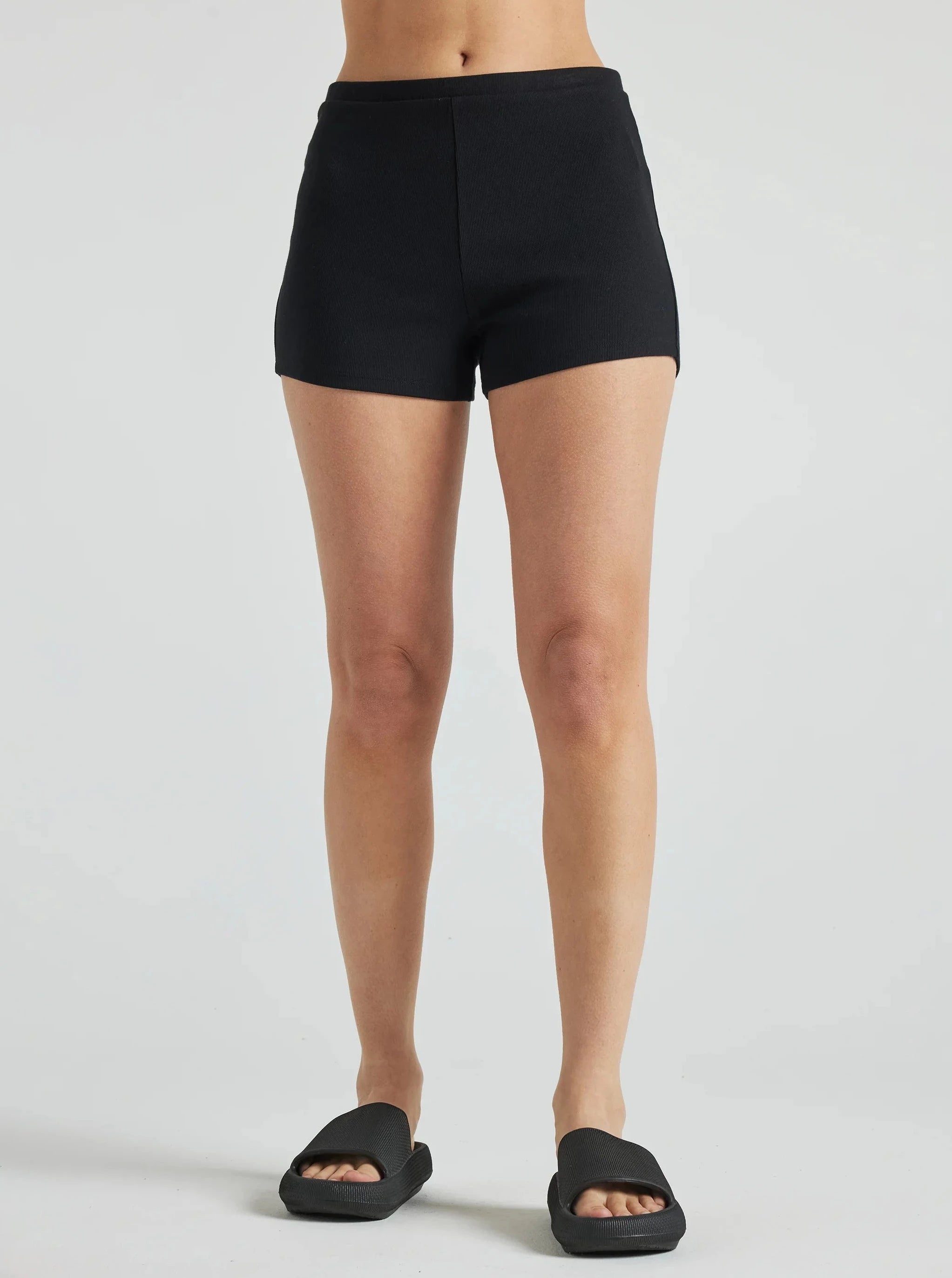 Serene Ribbed Shorts for Women - Soft & Stretchy High Waist Shorts in Black | Perfect for Yoga, Lounge, and Summer Outfits