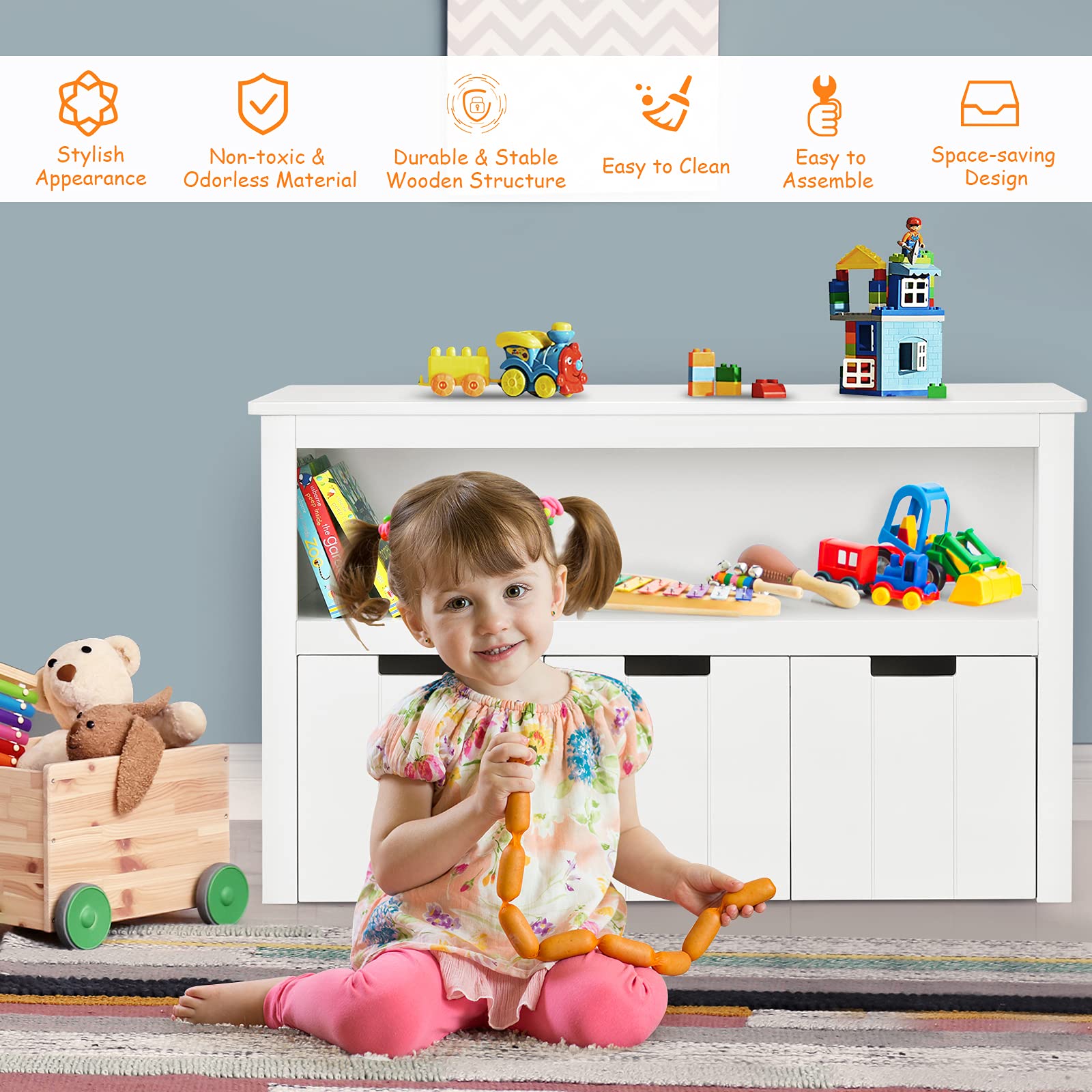 GOFLAME Kids' Toy Storage Cabinet - Wooden Organizer with 3 Removable Drawers, Rolling Wheels & Open Shelf | Perfect for Storing Toys, Books & Games in Bedroom, Playroom or Nursery