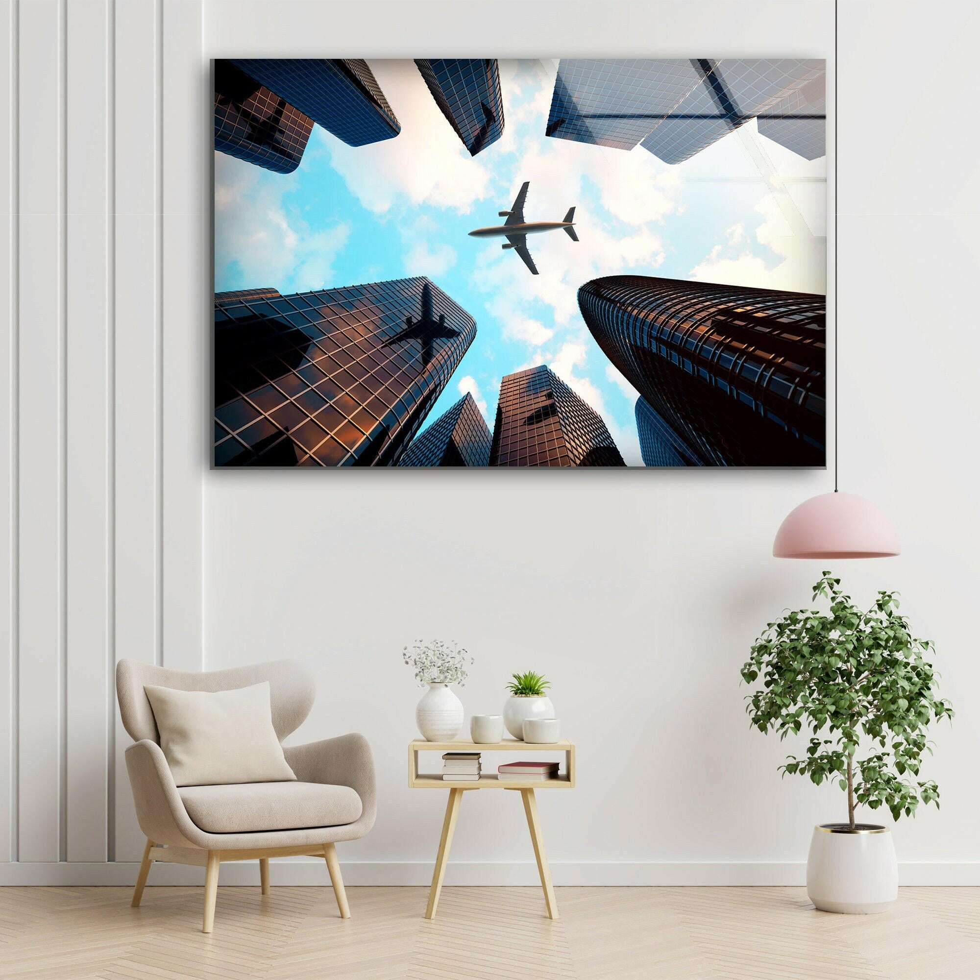 Modern City Skyline & Airplane Glass Wall Art - Urban Decor for Living Room, Office & Bedroom