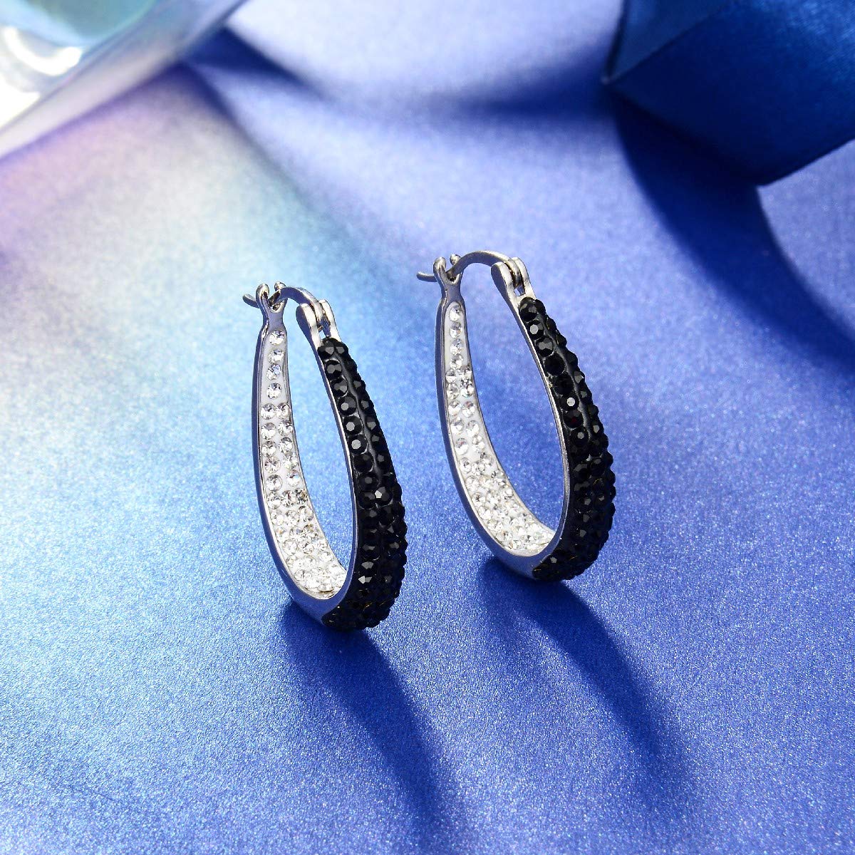 Silver Plated Crystal Hoop Earrings for Women - 1.2 Inch Oval Inside Out Design | Elegant Everyday Wear & Special Occasion Jewelry Gift