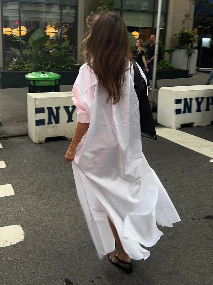Elegant White Split Long Sleeve Maxi Dress for Women - Lapel Single Breasted Casual Chic Lady Dress, Perfect for Office Wear, Evening Parties and High Street Fashion