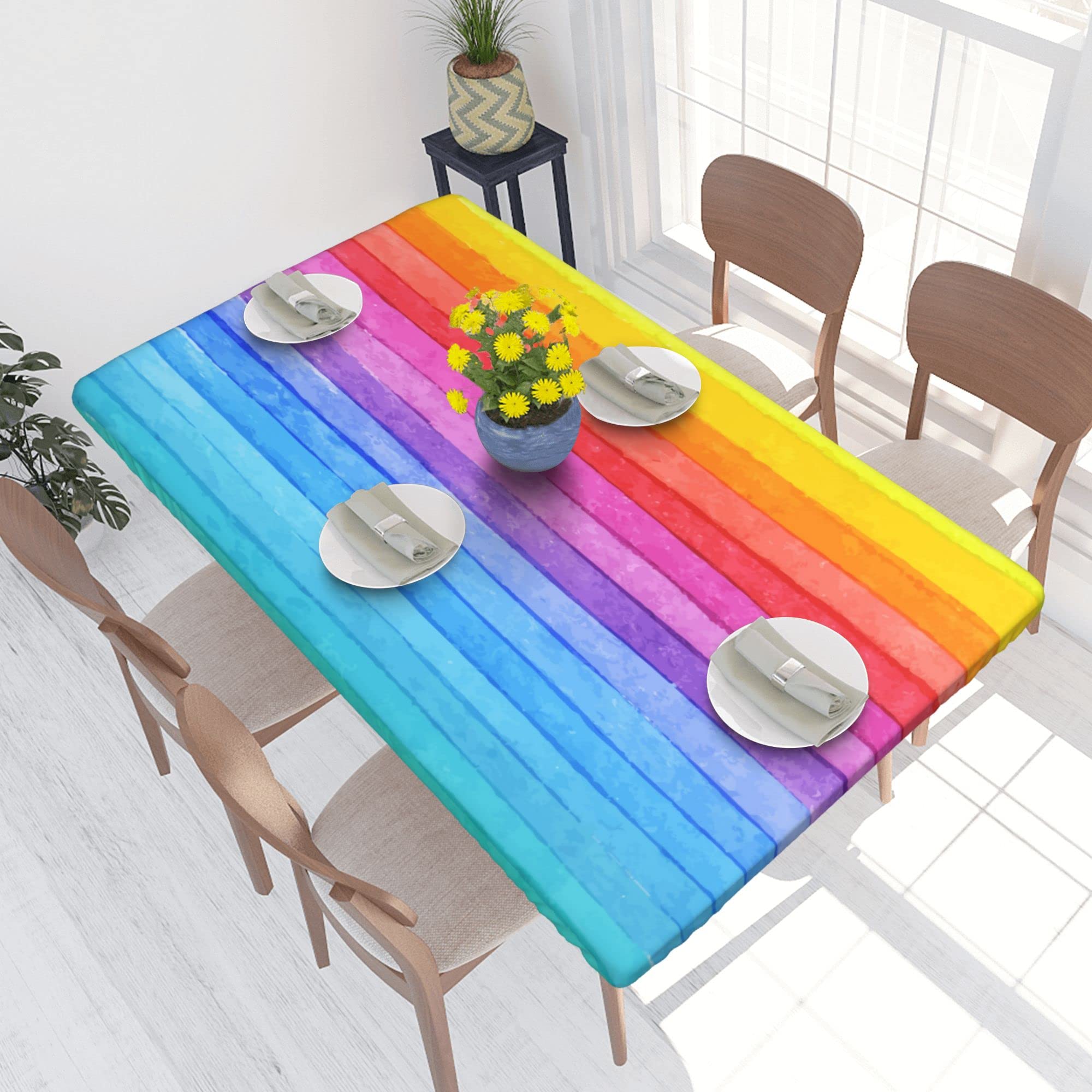 Elastic Fitted Tablecloth - Rainbow Stripe Polyester Table Cover 30 x 48 Inch - Perfect for Dining Tables, Kitchen Tables, and Party Decorations