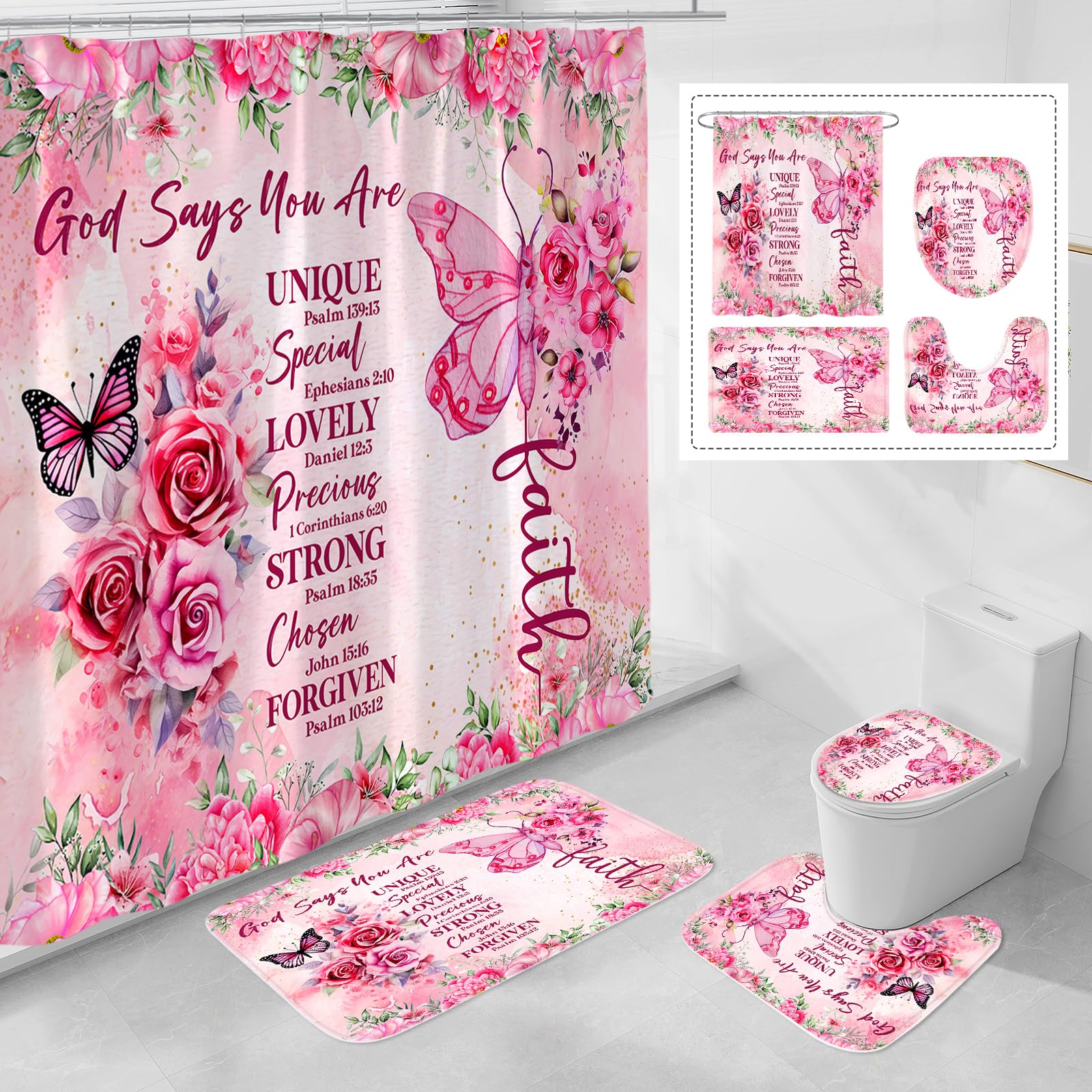 4 Pcs Pink Butterfly Inspirational Quotes Shower Curtain Set with Rugs & Toilet Cover - Waterproof Boho Bathroom Decor with Bible Verses & Floral Design - Perfect for Girls' Room, Guest Bathroom & Spa-Style Retreats