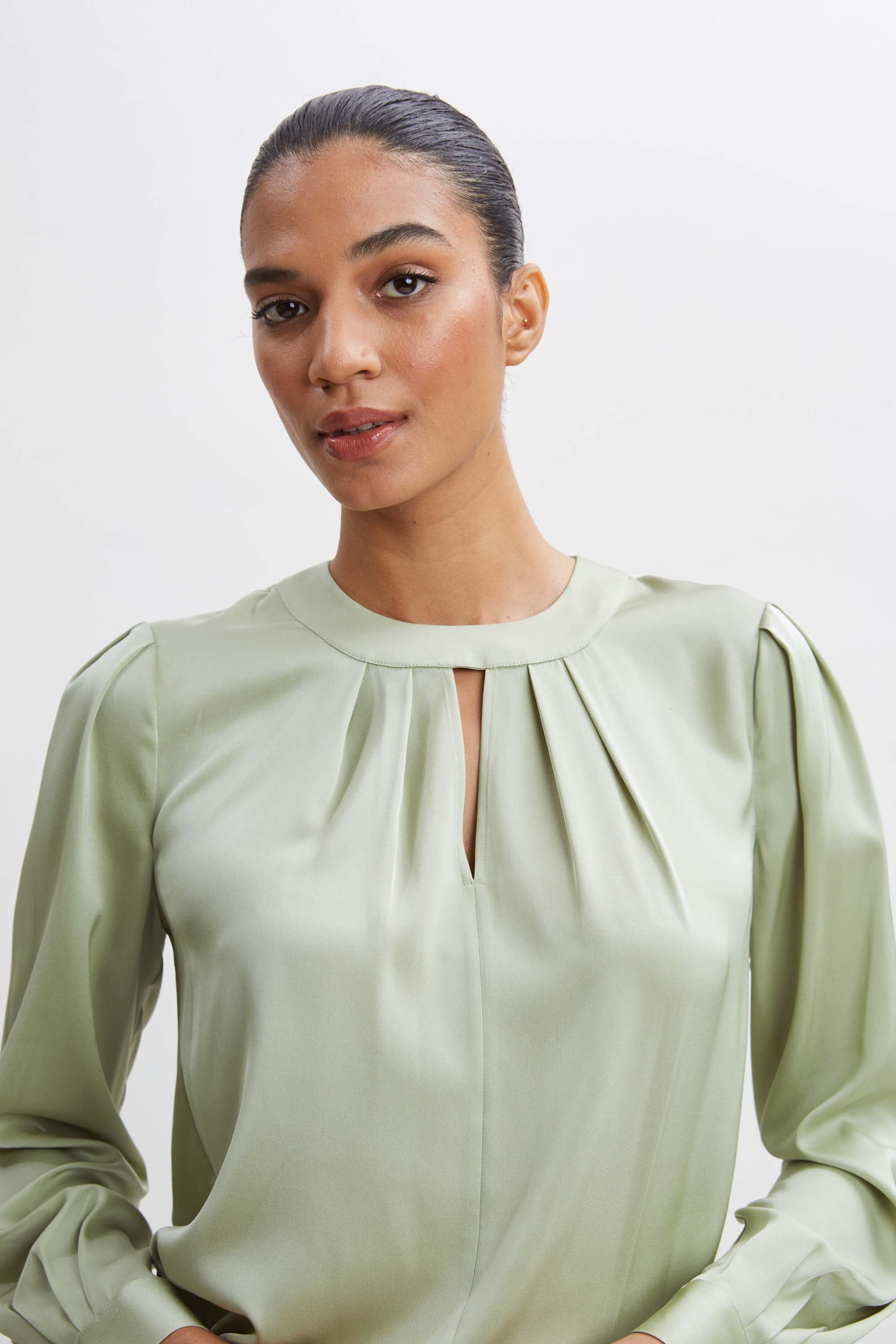 Silk Keyhole Blouse for Women - Elegant V-Neck Long Sleeve Tops - Perfect for Office, Date Night & Special Occasions