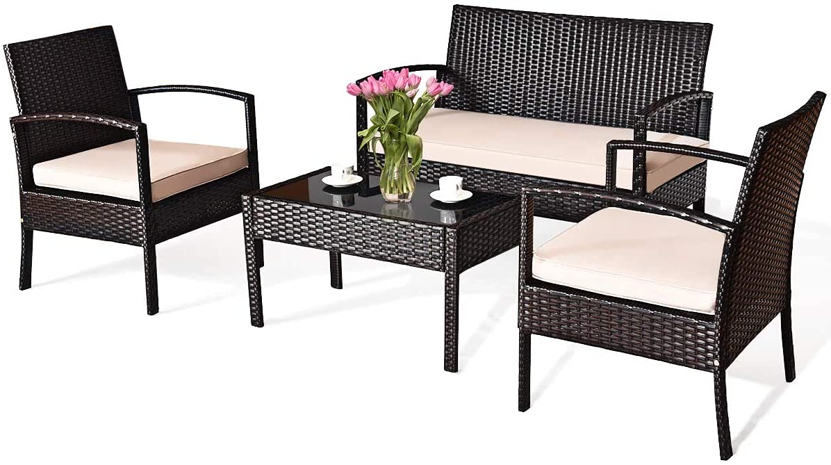 4-Piece Patio Furniture Set with Loveseat, 2 Single Sofas & Glass Top Coffee Table - Rattan Wicker Outdoor Bistro Conversation Set for Backyard, Porch, Garden, Poolside - Perfect for Relaxing, Entertaining & Outdoor Dining