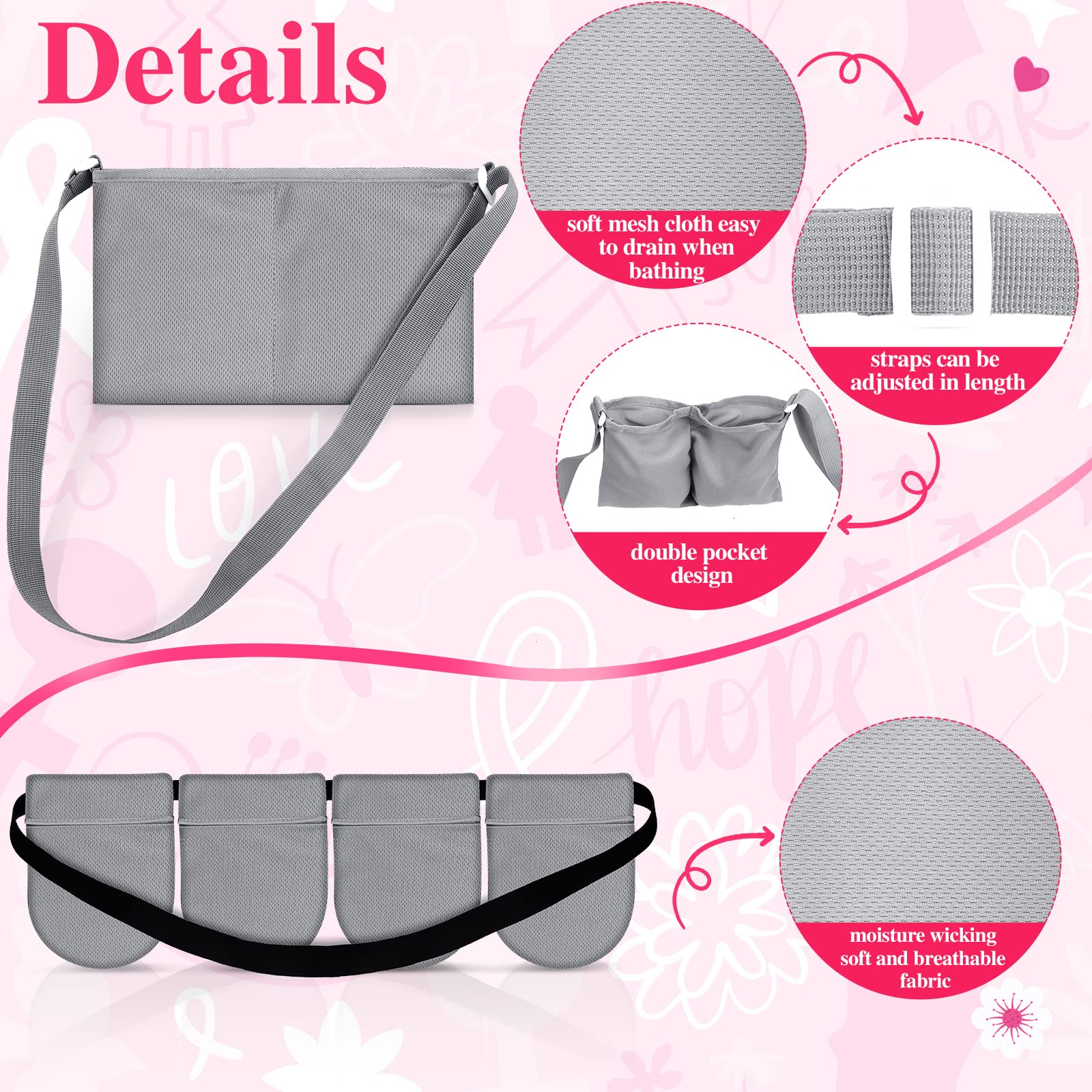 Post-Surgery Drainage Holder with 4 Pouch - Adjustable Mastectomy & Tummy Tuck Drain Bag | Quick-Dry Stretchy Shower Pouch for Breast Augmentation/Reduction Recovery | Ideal for Patient Care Kit & Daily Use (Gray)