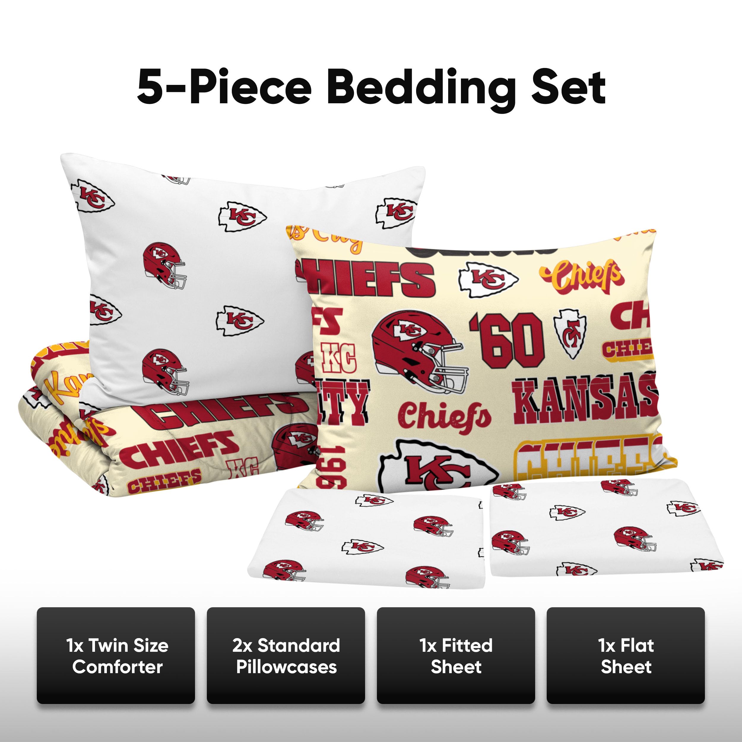 FOCO NFL Team Logo 5-Piece Bedding Set - Unisex Adult Comforter, Sheets & Pillowcases for Football Fans | Perfect for Game Day, Dorm Room & Sports Themed Bedroom Decor