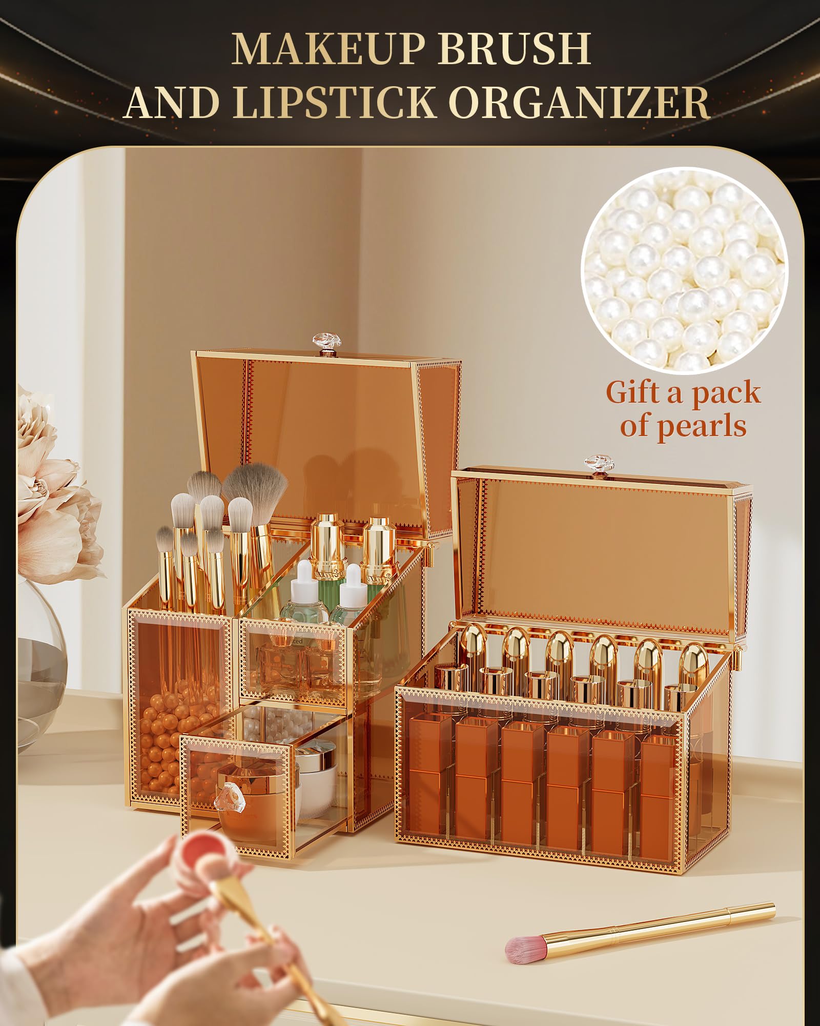 Luxury 2-Piece Makeup Organizer Set - Brush & Lipstick Holder for Vanity Countertop | Cosmetics & Skincare Storage