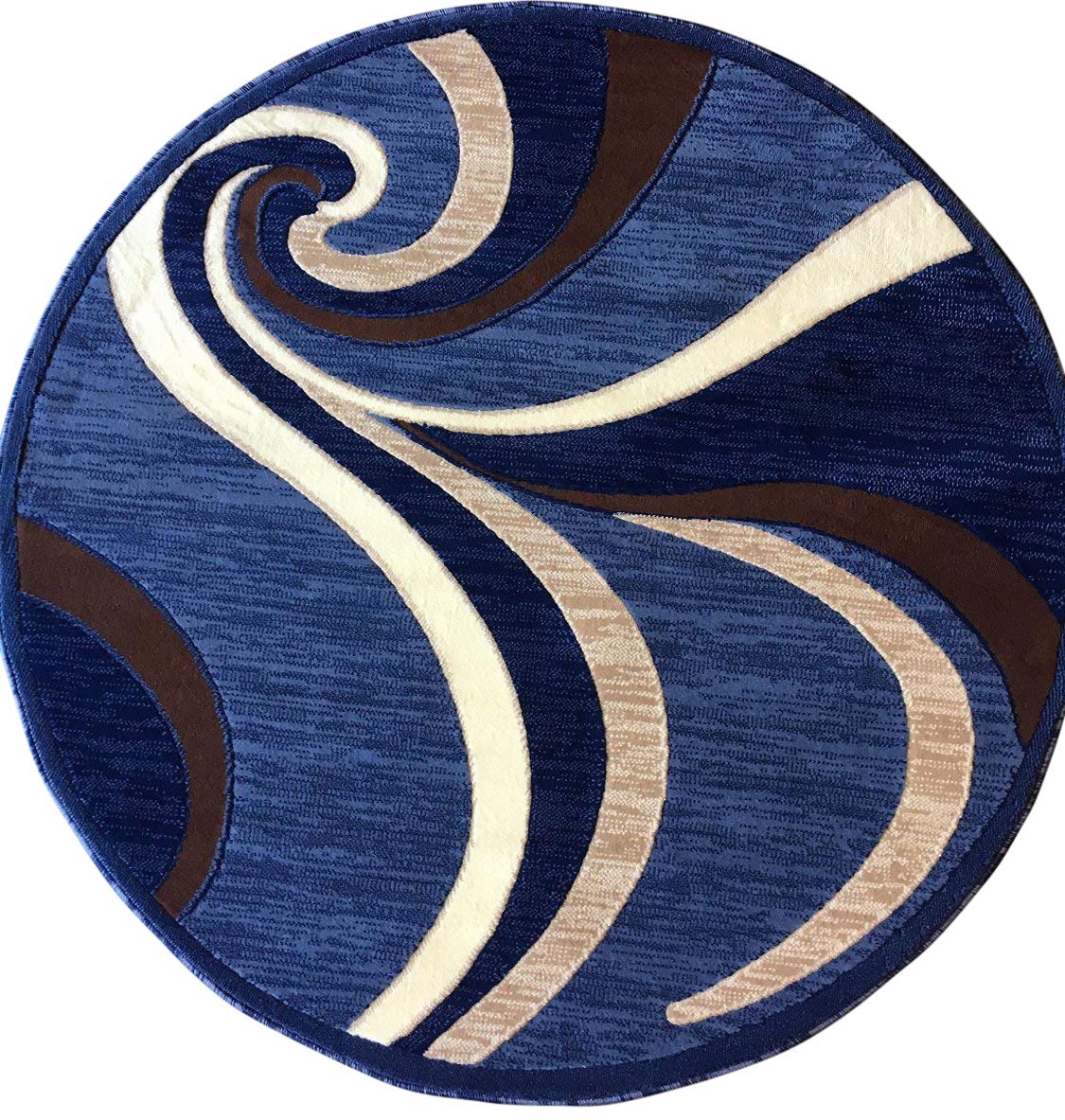 Modern Round Contemporary Area Rug 4x4 Feet - Blue & Brown Swirl Americana Design - Soft Non-Slip Living Room Rug for Bedroom, Nursery & Home Decor