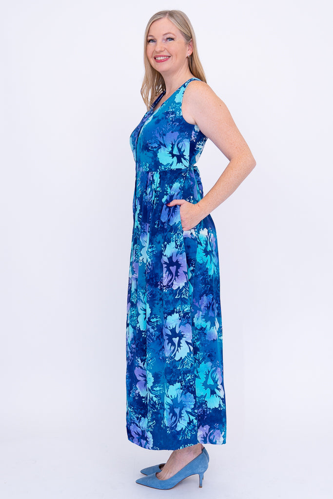 Cleo Dress - Women's Floral Print Summer Dress in Aqua Hibiscus | Perfect for Beach Vacations, Parties & Casual Outings