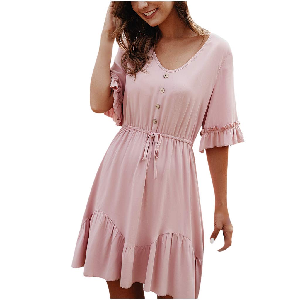TRENDINAO Women's Summer Ruffle Mini Dress - Flowy A-Line Sundress with Bell Sleeves, Loose Swing Fit for Beach, Vacation & Casual Wear | Cute Tea Dress for Outdoor Parties, Date Nights & Summer Getaways