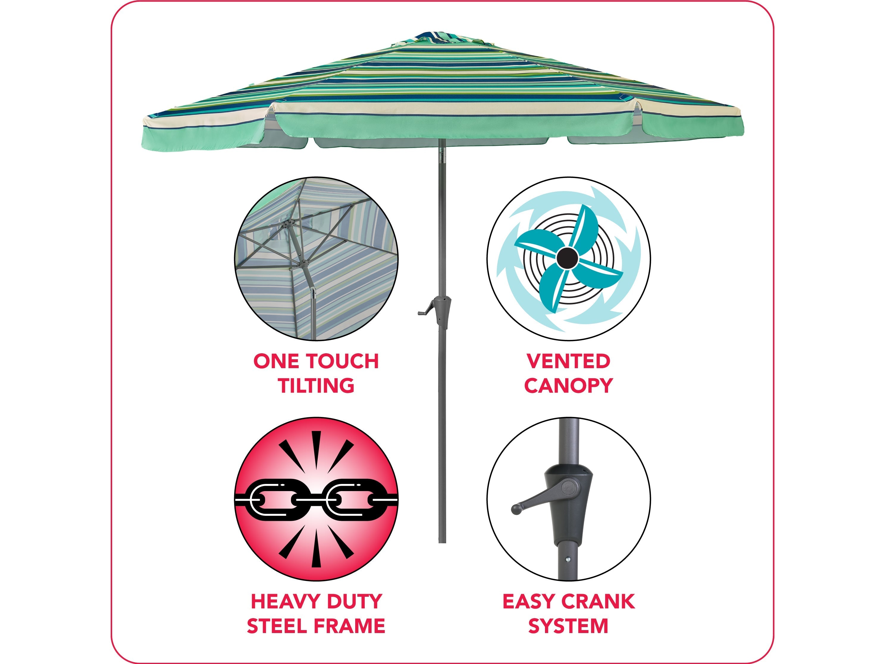 10ft Round Green and White Outdoor Patio Umbrella - Sun Shade for Garden, Poolside, and Backyard Relaxation