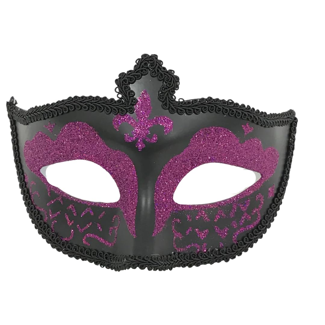 Black & Pink Glitter Mardi Gras Mask with Fleur de Lis Design & Ribbon Tie - Party Favors, Costume Accessories, Carnival Celebrations