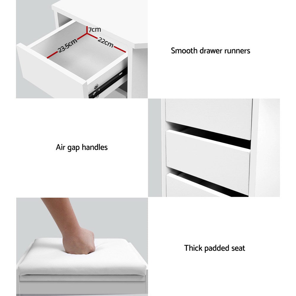 White Corner Dressing Table with Mirror & Stool Set - Vanity Makeup Desk with Adjustable Mirror and Matching Chair for Bedroom, Bathroom, or Dressing Room