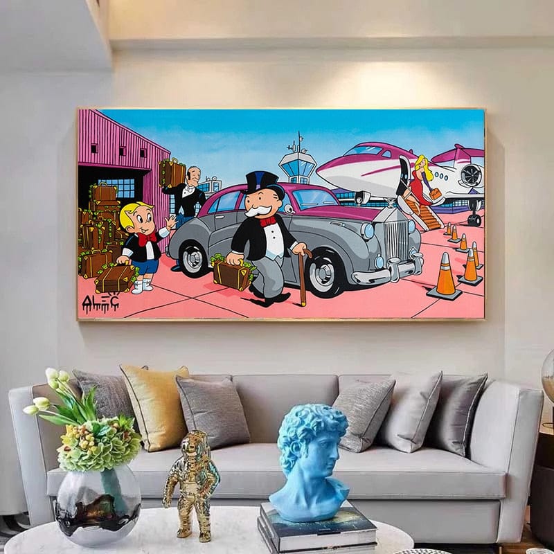 Alec Monopoly Canvas Wall Art: Richie at Airport - Pop Art Painting for Home & Office Decor | Modern Wall Decor for Living Room, Bedroom, or Office