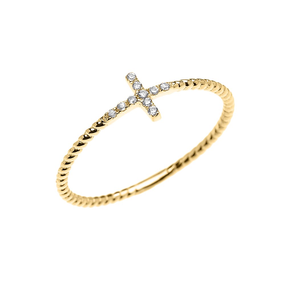 10K Yellow Gold Diamond Accented Sideways Cross Rope Design Statement Ring for Women | Elegant Religious Jewelry Gift for Christmas, Birthday & Special Occasions (K-M Color)