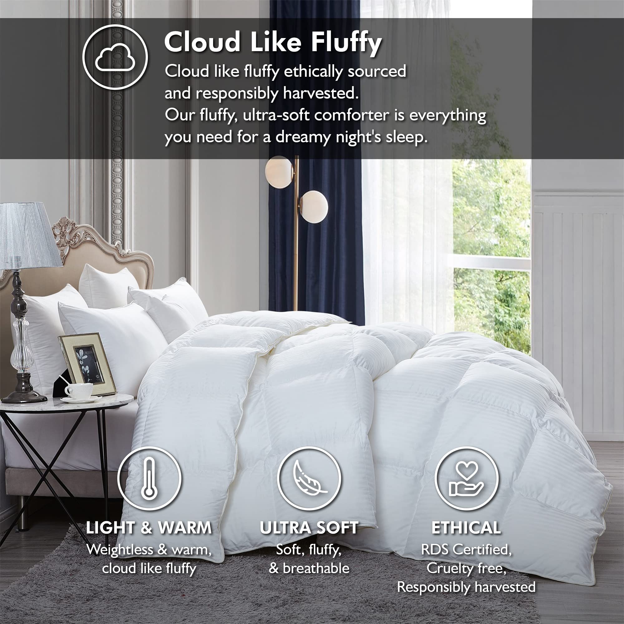 Luxurious Queen Size Goose Down Feather Comforter - 100% Egyptian Cotton Cover, 60 oz Fill Weight - Hypoallergenic & Breathable - Perfect for All Seasons (White Stripe) - Ideal for Master Bedrooms, Guest Rooms & Cozy Winter Nights