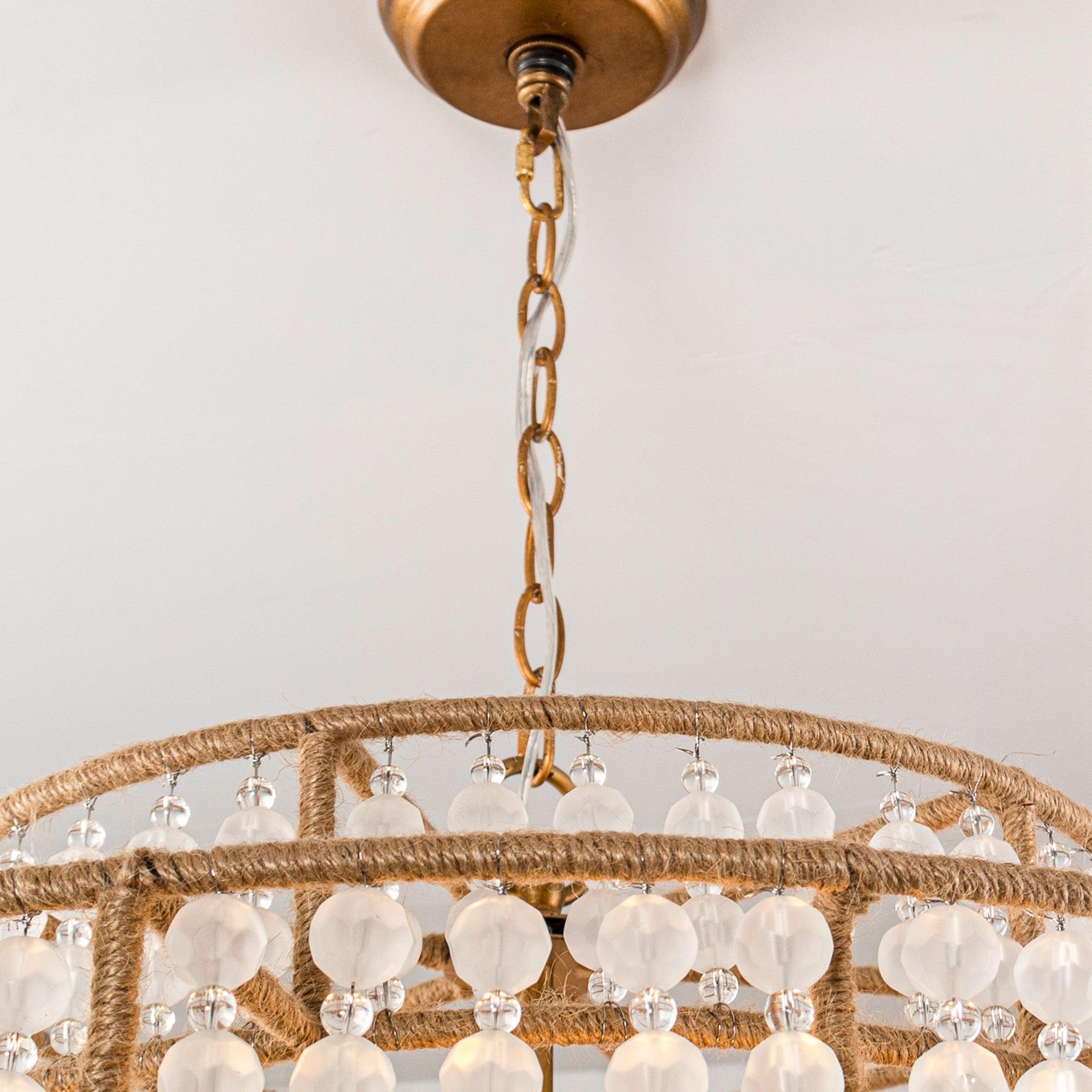 6-Light Antique Gold Farmhouse Drum Beaded Chandelier with Rope Accents - Rustic Ceiling Lighting Fixture for Dining Room, Bedroom, or Kitchen Decor