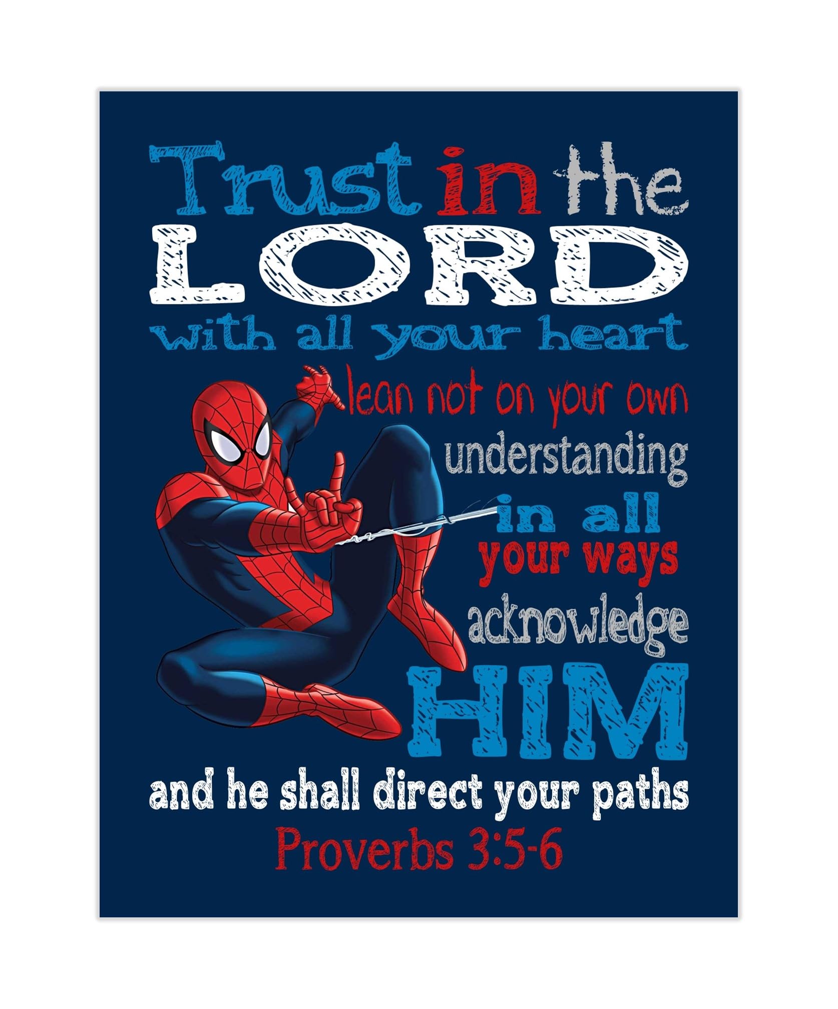 Spider-Man Superhero Christian Nursery Wall Art - Unframed Print with Bible Verse Proverbs 3:5-6 - Inspirational Kids Room Decor for Baby Boy's Bedroom & Sunday School Classroom