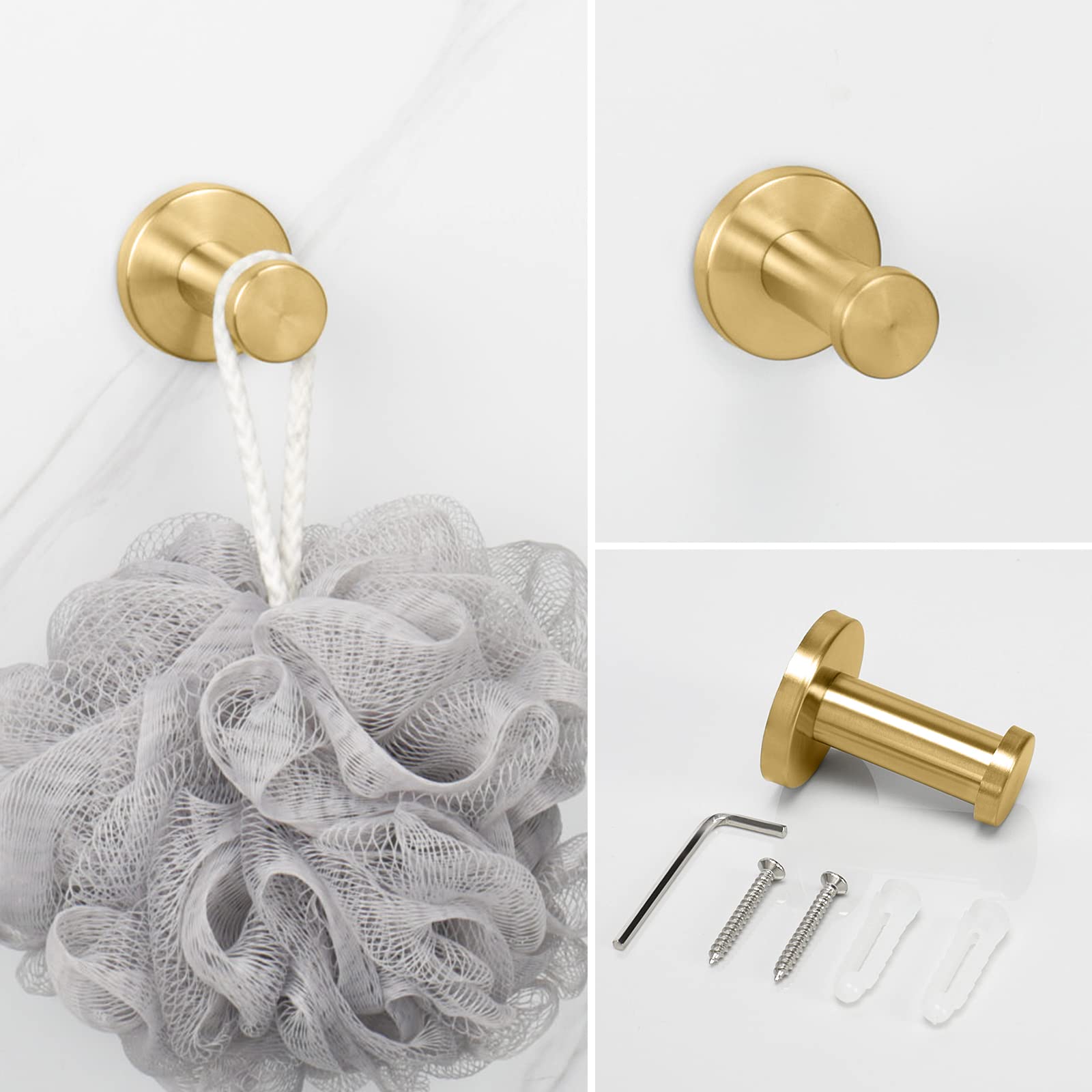 NearMoon 4-Piece Bathroom Hardware Set - Brushed Gold Stainless Steel Towel Ring, Toilet Paper Holder & 2 Robe Hooks - Wall Mounted Bath Accessories for Modern Home Decor (Perfect for Bathroom, Powder Room & Spa Style Vanity)