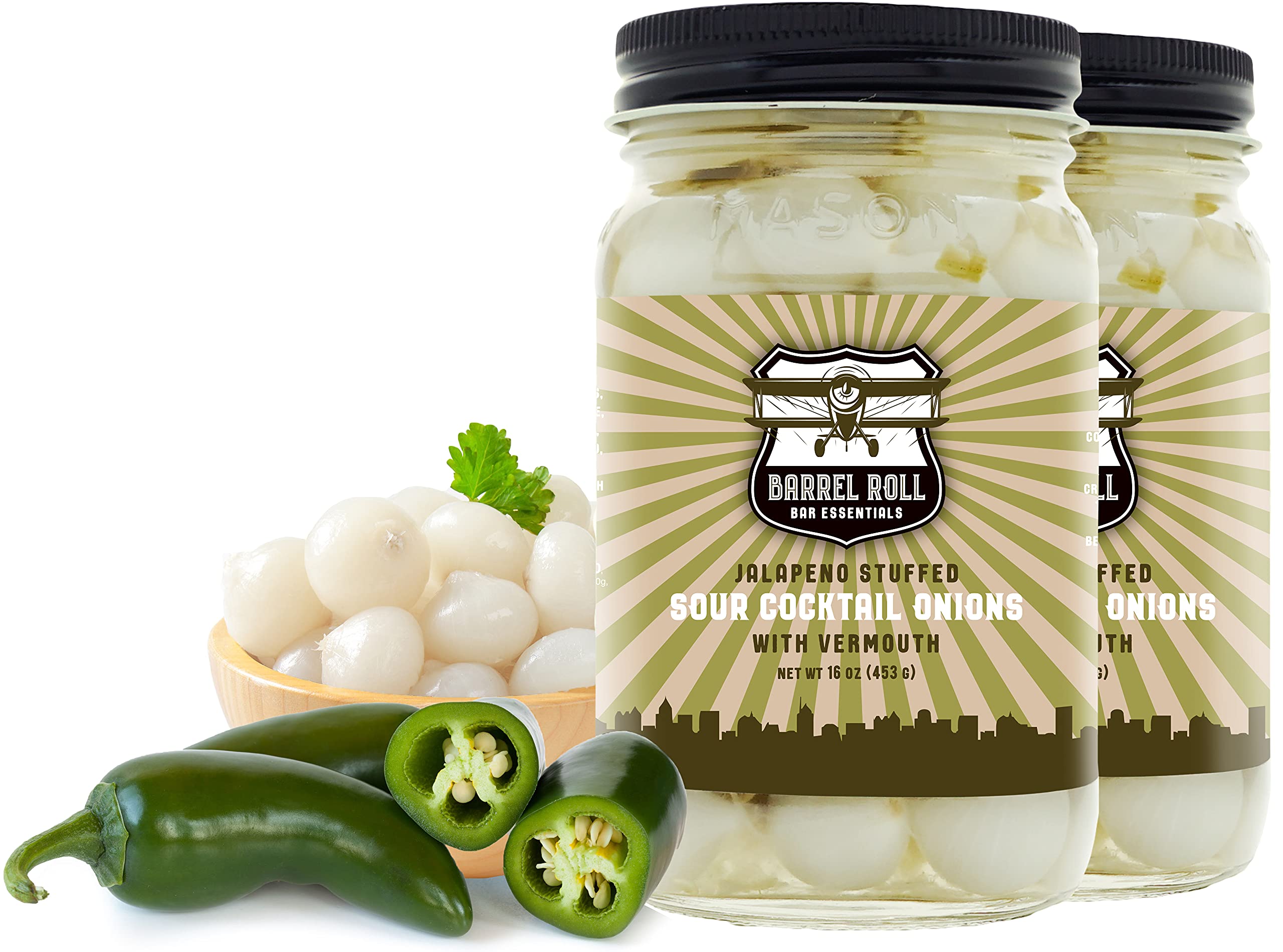 Barrel Roll Bar Essentials Jalapeño Stuffed Cocktail Onions - Gourmet Pickled Silver Skin Onions in Vermouth & Salty Vinegar - Perfect for Gibson & Bloody Mary Garnish - 2 Pack (16 oz Each) - Ideal for Home Bars, Cocktail Parties & Gourmet Cooking