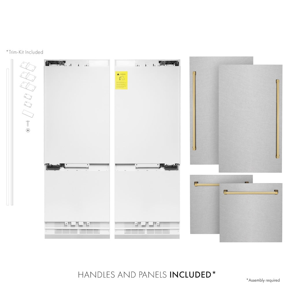 ZLINE Autograph Edition 60-Inch French Door Built-In Refrigerator with Bottom Freezer - 32.2 cu.ft Capacity, Water Dispenser & Ice Maker - Satin Stainless Steel with Polished Gold Accents (RBIVZ SN 60 G) - Perfect for Modern Kitchens and Luxury Homes