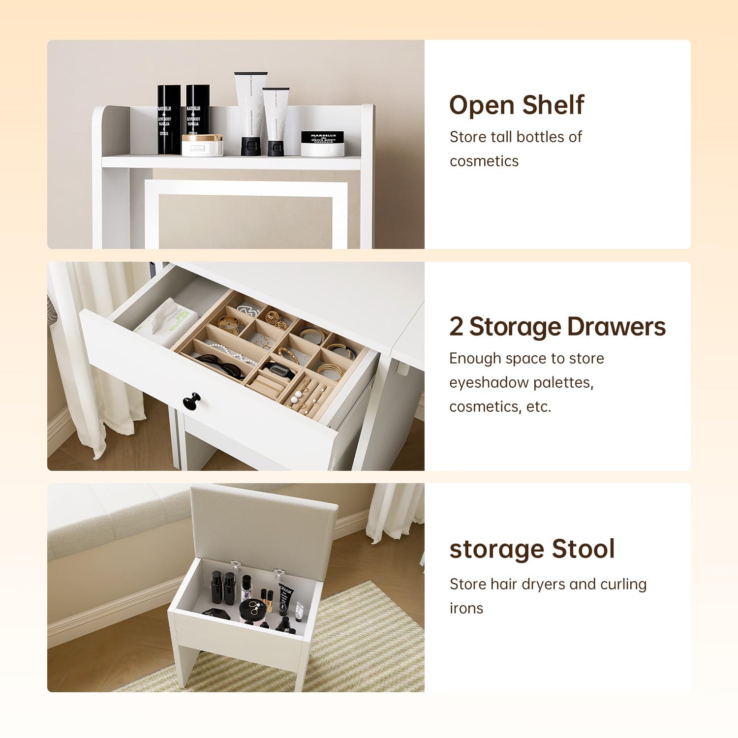Oneinmil Small Makeup Vanity Desk with Adjustable LED Mirror & Chair - 3 Lighting Modes, Compact Dressing Table for Small Spaces, White Bedroom Vanity Set - Perfect for Makeup Application, Skincare Routine & Home Decor