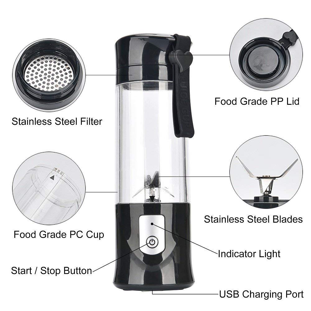 Portable USB Blender - Toycol Mini Personal Smoothie Blender for Shakes & Juices, 13.5Oz Travel Juicer Cup with 6 Stainless Steel Blades, Rechargeable Bottle Blender for Gym, Office & Outdoor (Black) - Perfect for Smoothies, Protein Shakes & Healthy Drinks On-The-Go