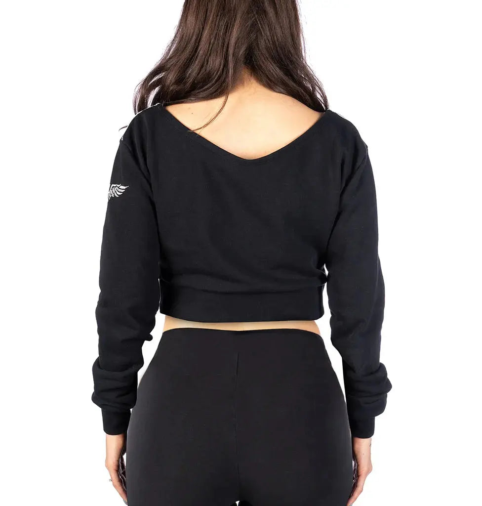 Headrush Angel Wings Cropped V-Neck Sweatshirt - Women's Trendy Pullover for Casual Wear & Street Style